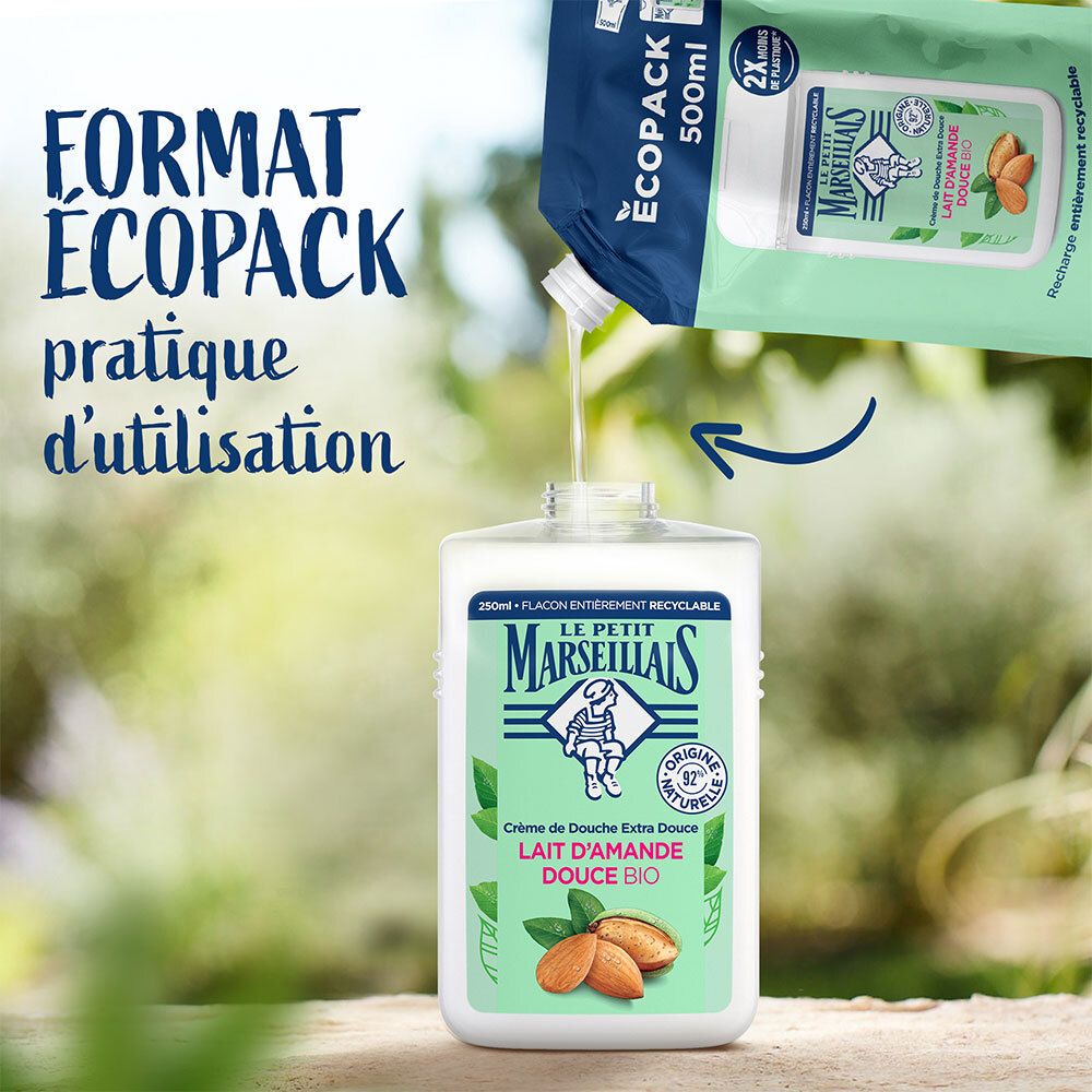 Crème de douche versée dans un flacon. Texte : « Format ECOPACK pratique d'utilisation ».