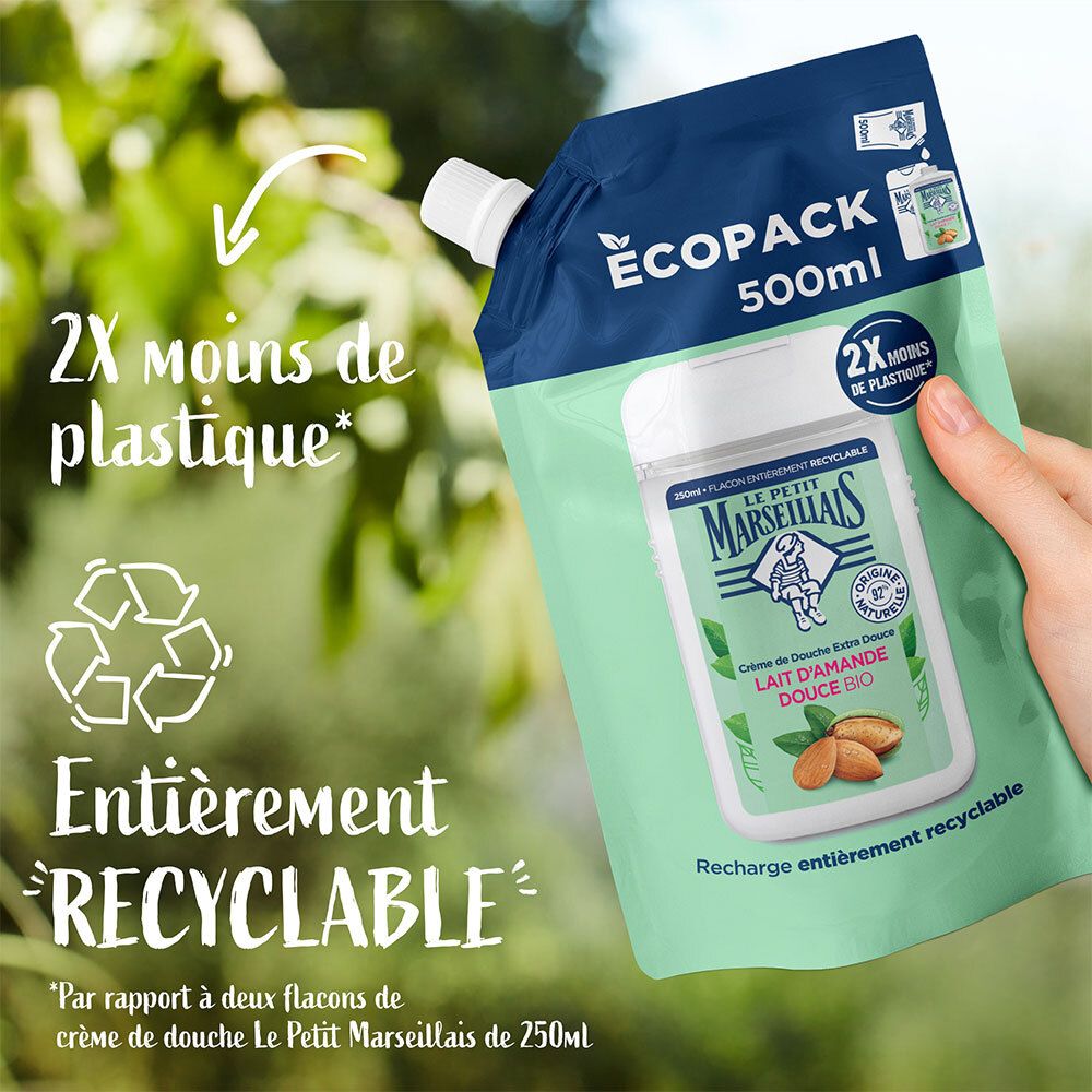 Recharge de crème de douche. Texte : « 2x moins de plastique » et « Recyclable ».