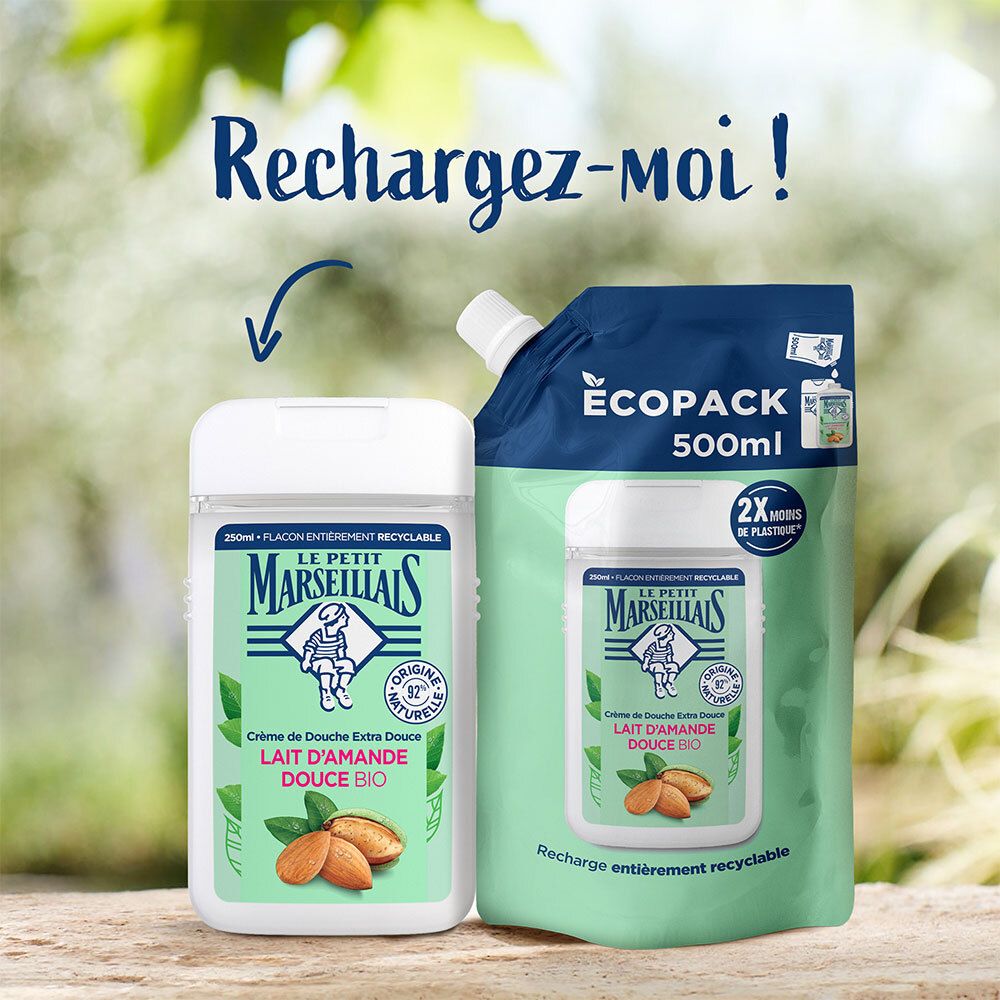 Recharge et flacon de crème de douche. Texte : « Rechargez-moi ! ».