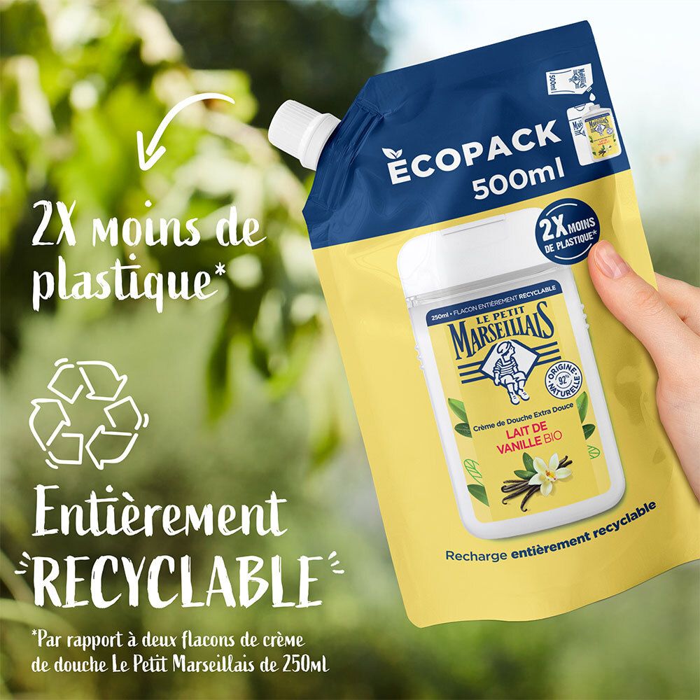 Navulverpakking douchecrème. Groene achtergrond met recyclagesymbool.