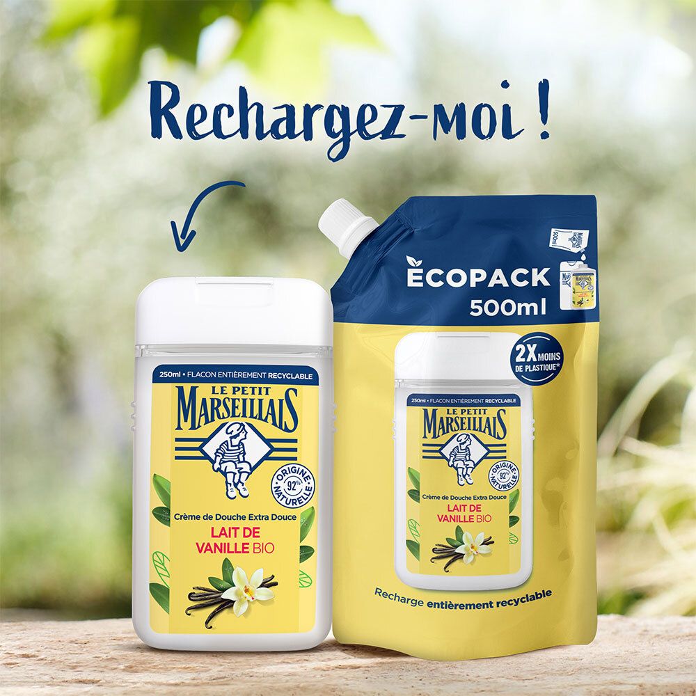 Navulverpakking en fles douchecrème. Tekst: Herlaad me!
