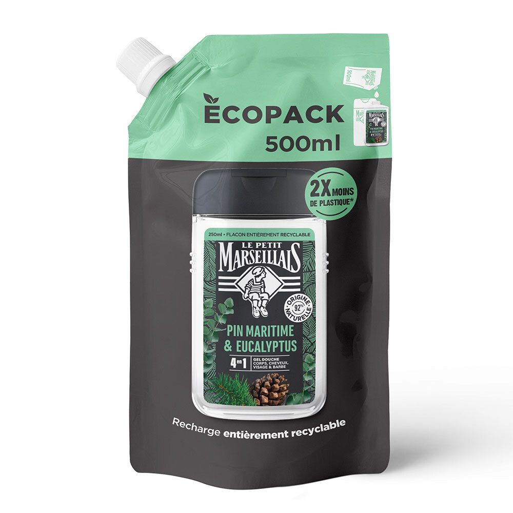 Navulverpakking douchegel 500ml. Zwarte verpakking met groene dop. Opschrift: ÉCOPACK, 2x minder plastic.