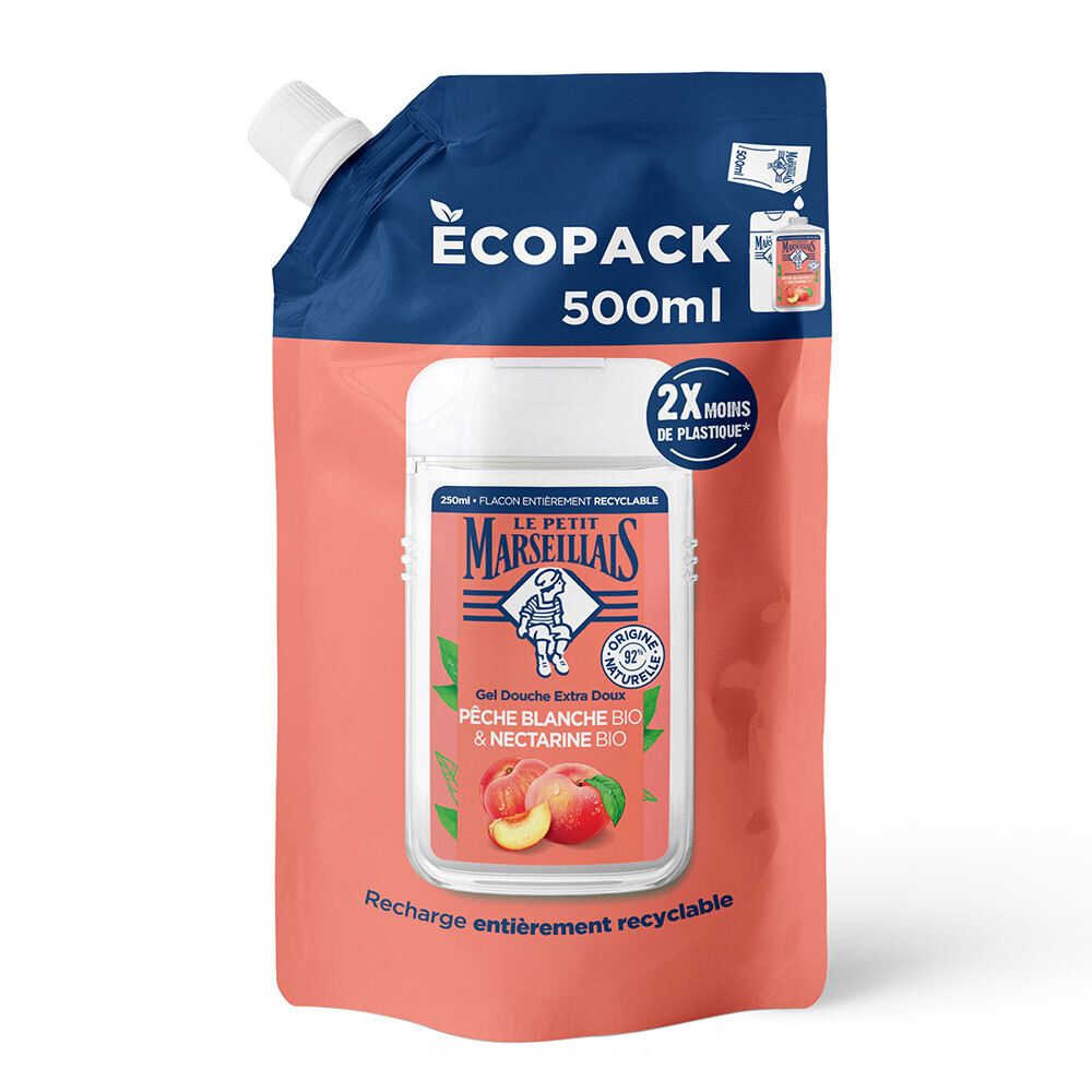 Navulverpakking douchegel. Ecopack 500ml. Witte perzik & BIO nectarine. Volledig recyclebaar.