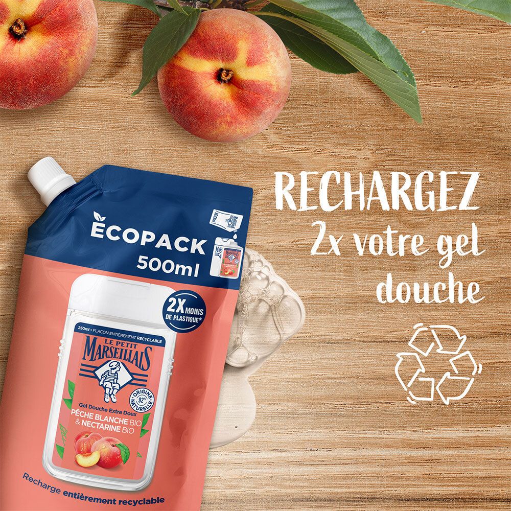 Navulverpakking douchegel en perziken. Tekst: RECHARGEZ 2x votre gel douche. Ecopack 500ml.
