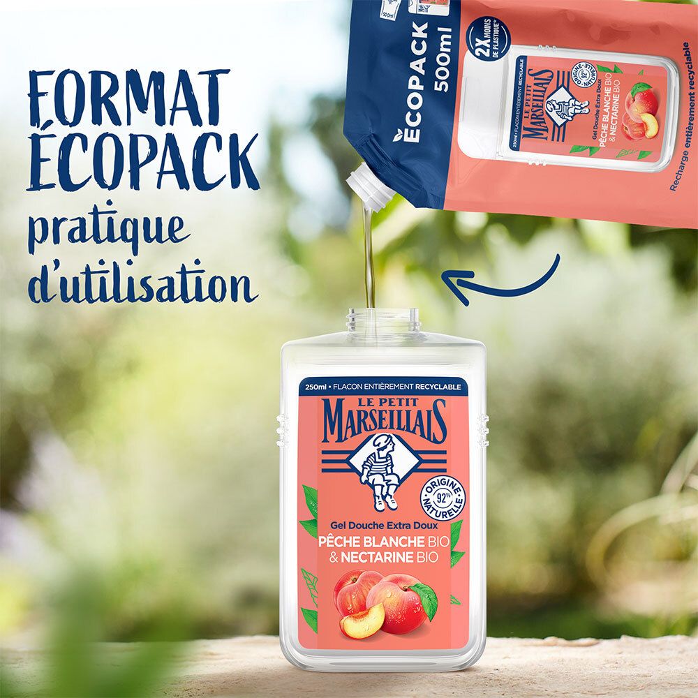 Douchegel wordt in een fles gegoten. Tekst: FORMAT ECOPACK pratique d'utilisation. Ecopack 500ml.