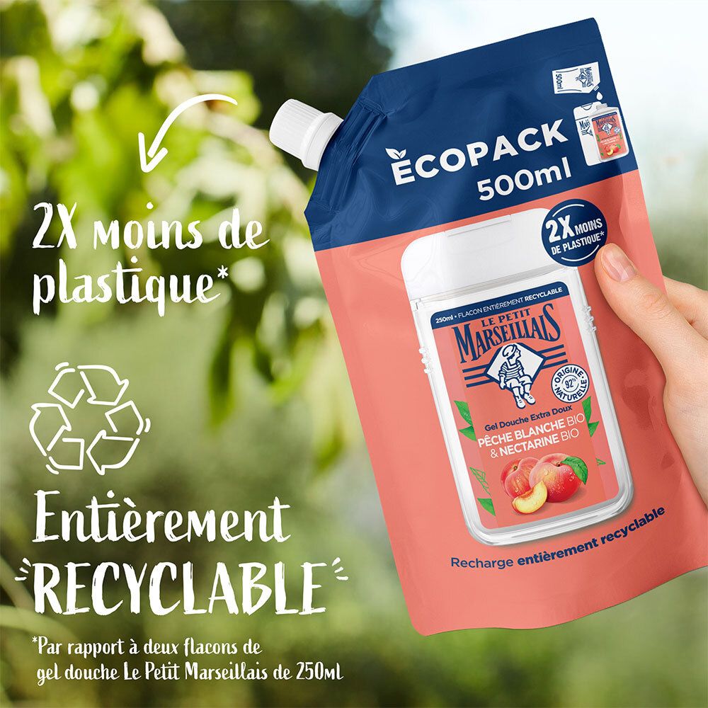 Navulverpakking douchegel. Tekst: 2x moins de plastique. Entièrement RECYCLABLE. Ecopack 500ml.