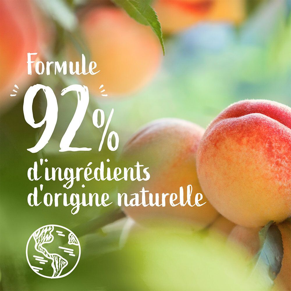 Perziken en tekst: Formule 92% d'ingrédients d'origine naturelle. Logo: Terre.