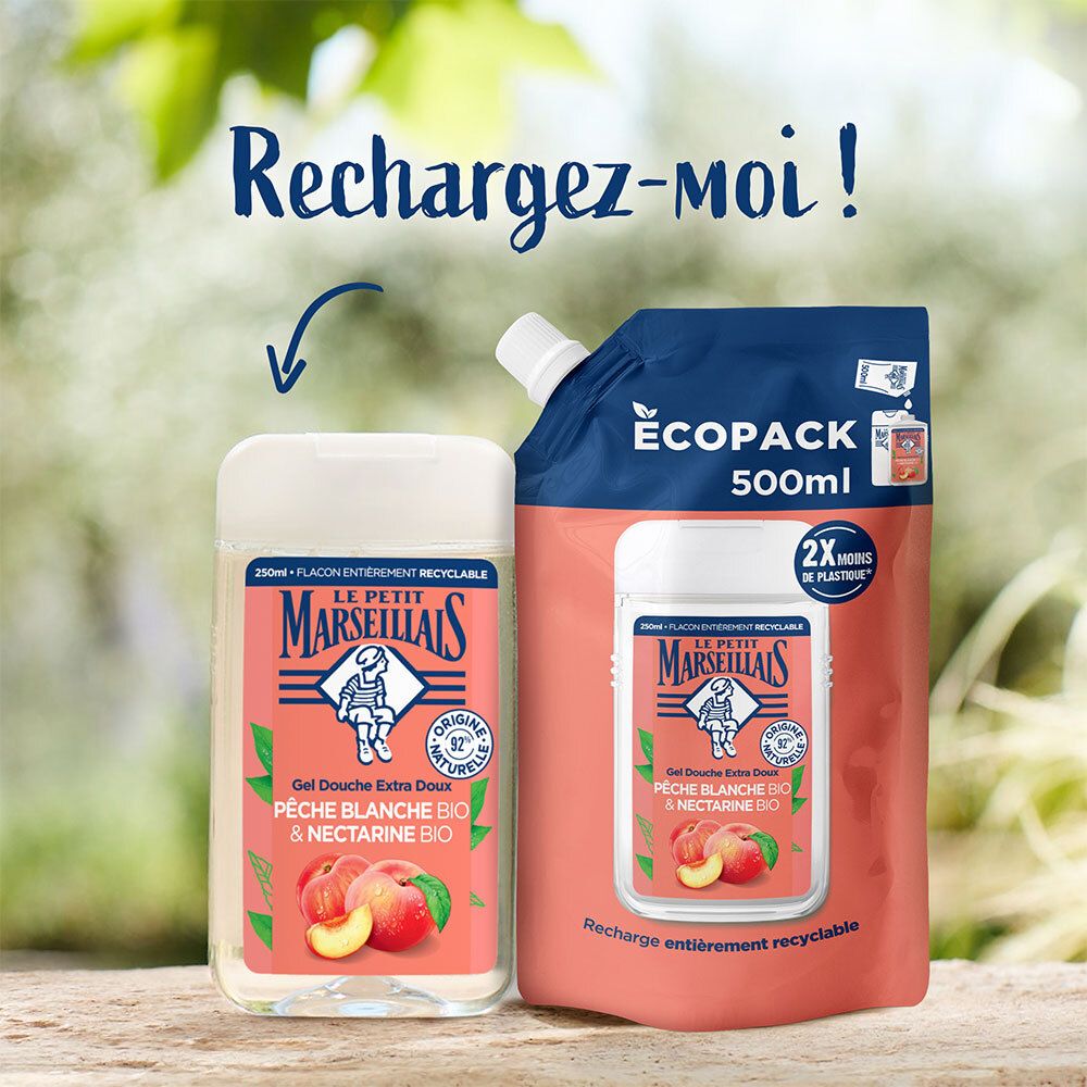 Navulverpakking en fles douchegel. Tekst: Rechargez-moi! Ecopack 500ml.