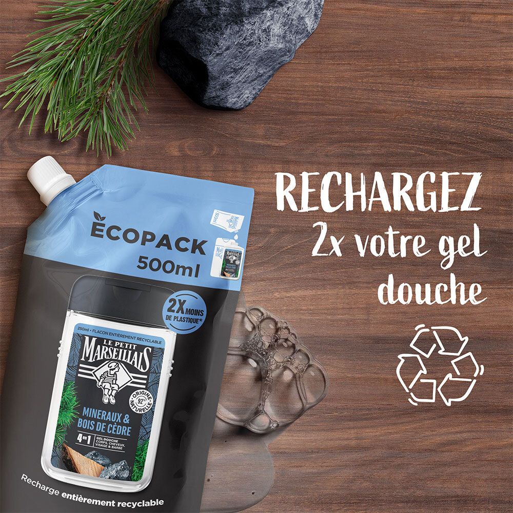 Recharge Le Petit Marseillais, 500ml. Texte: 'RECHARGEZ 2x votre gel douche'.