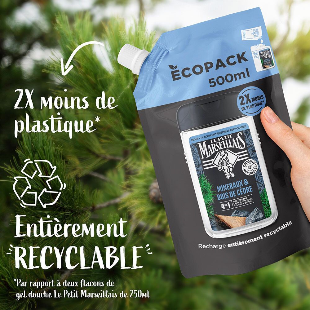Recharge Le Petit Marseillais, 500ml. Texte: 'Entièrement RECYCLABLE'.