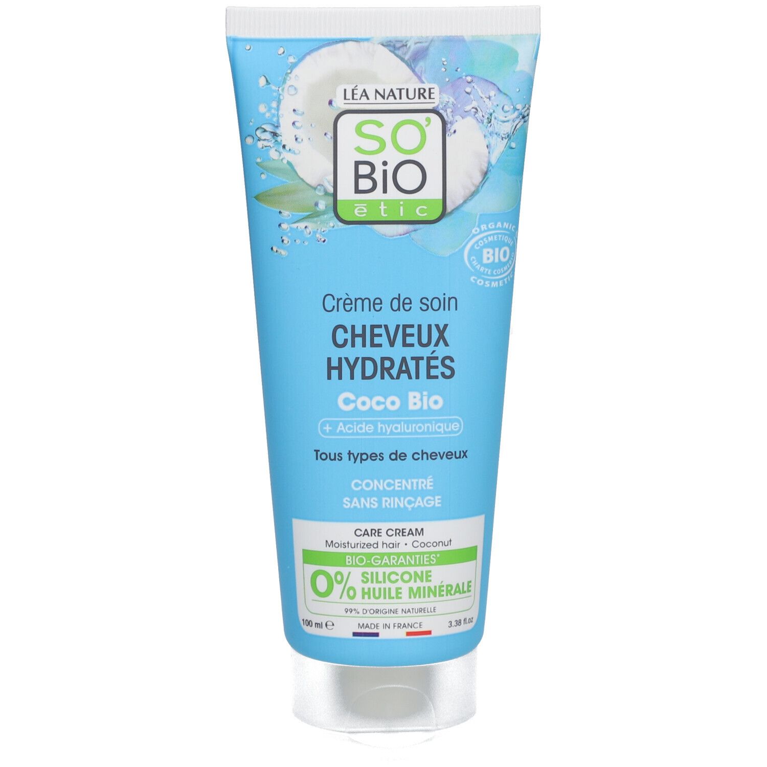 Tube bleu avec logo et nom du produit. Texte : Crème de soin cheveux hydratés Coco Bio + Acide hyaluronique.