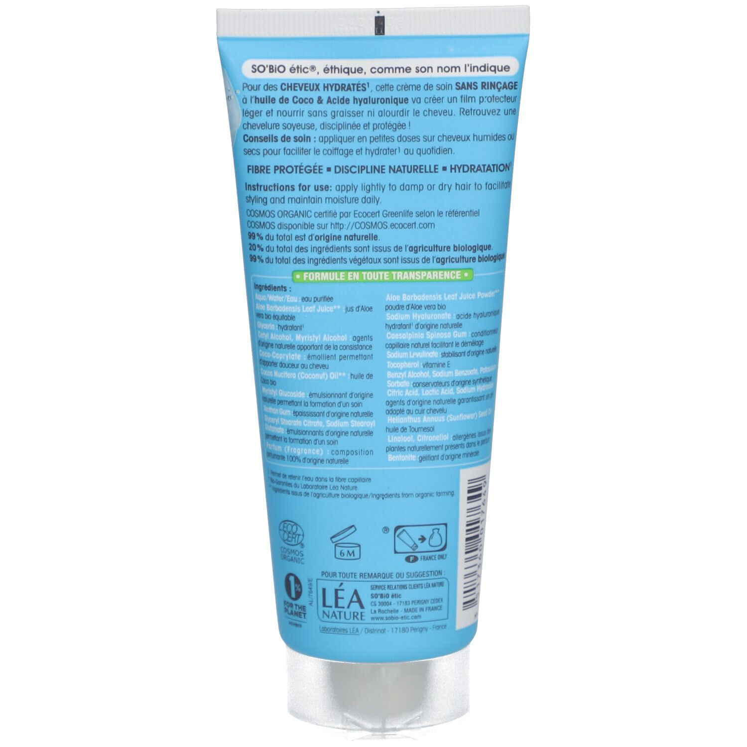 Dos du tube bleu. Texte : SO BIO ETIC, ingrédients, mode d'emploi, certification COSMOS.