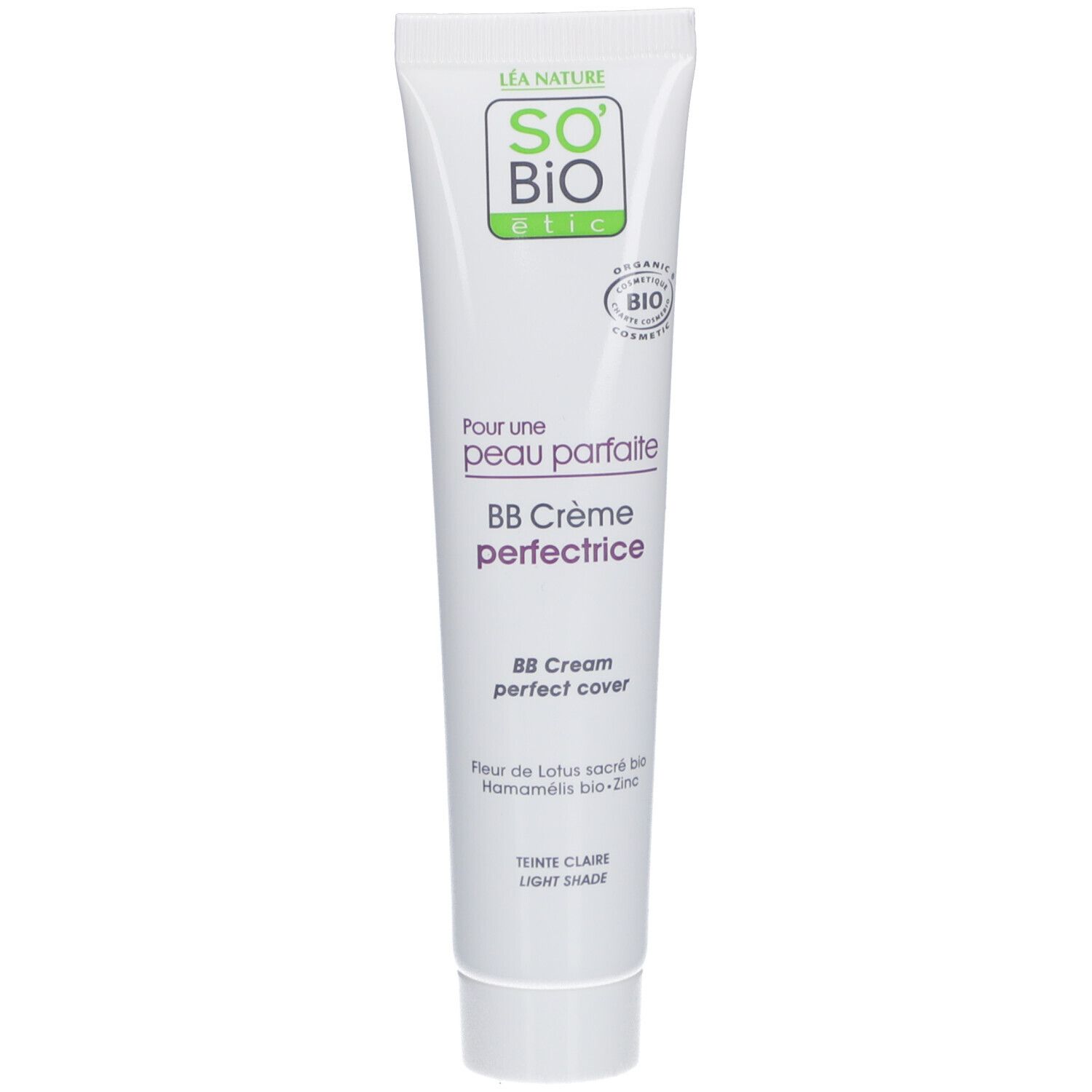 Witte tube SO BIO ETIC BB Crème perfectrice Claire. Tekst en bio-logo.
