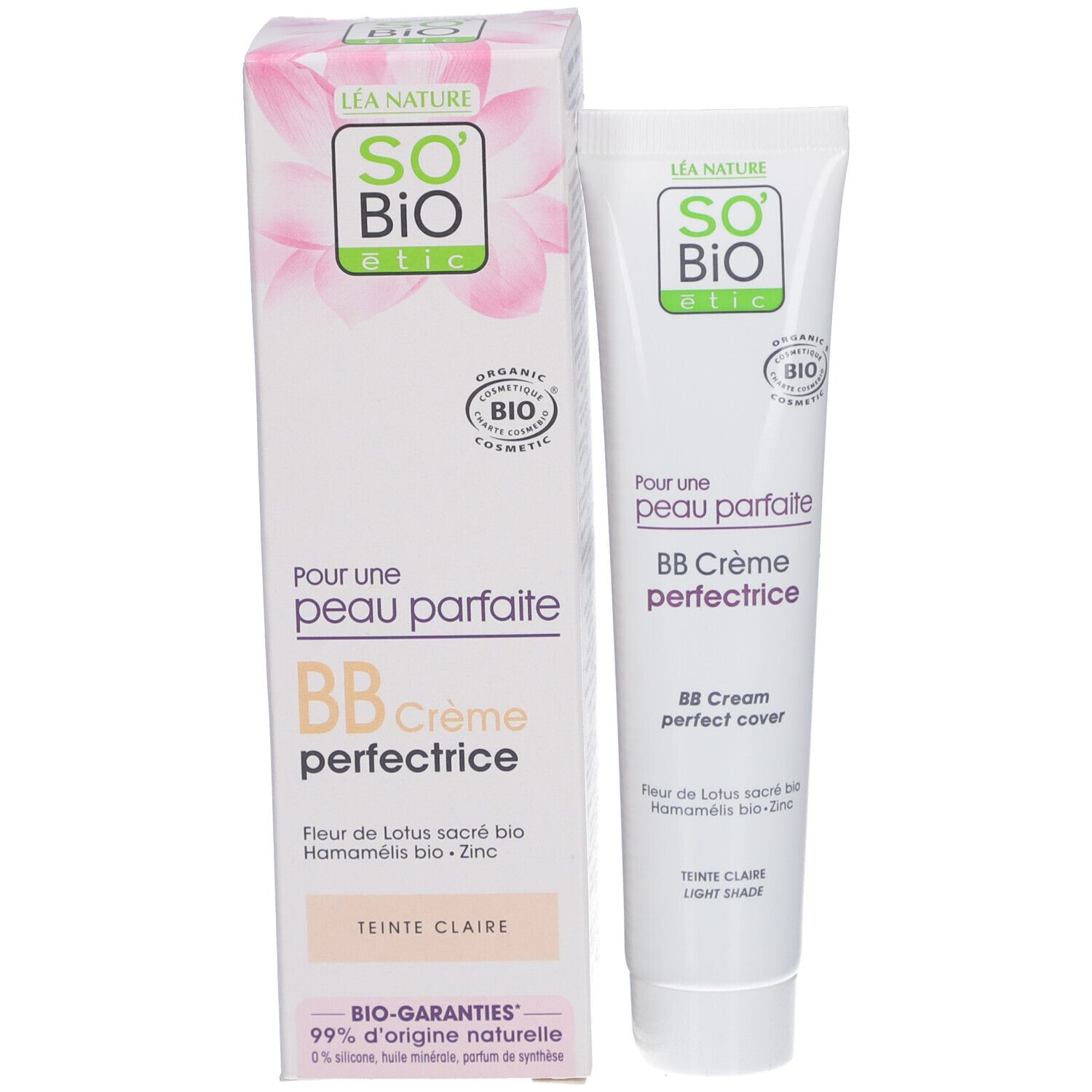 Verpakking met tube en doos. SO BIO ETIC BB Crème perfectrice Claire. Bio-label.
