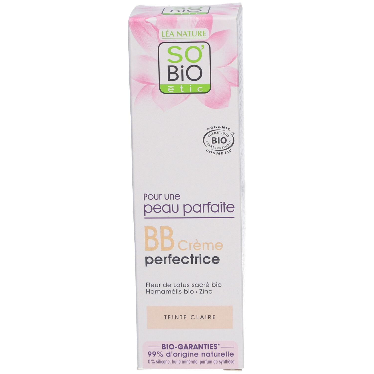 Productverpakking. SO BIO ETIC BB Crème perfectrice Claire. Bio-label. Tekst.