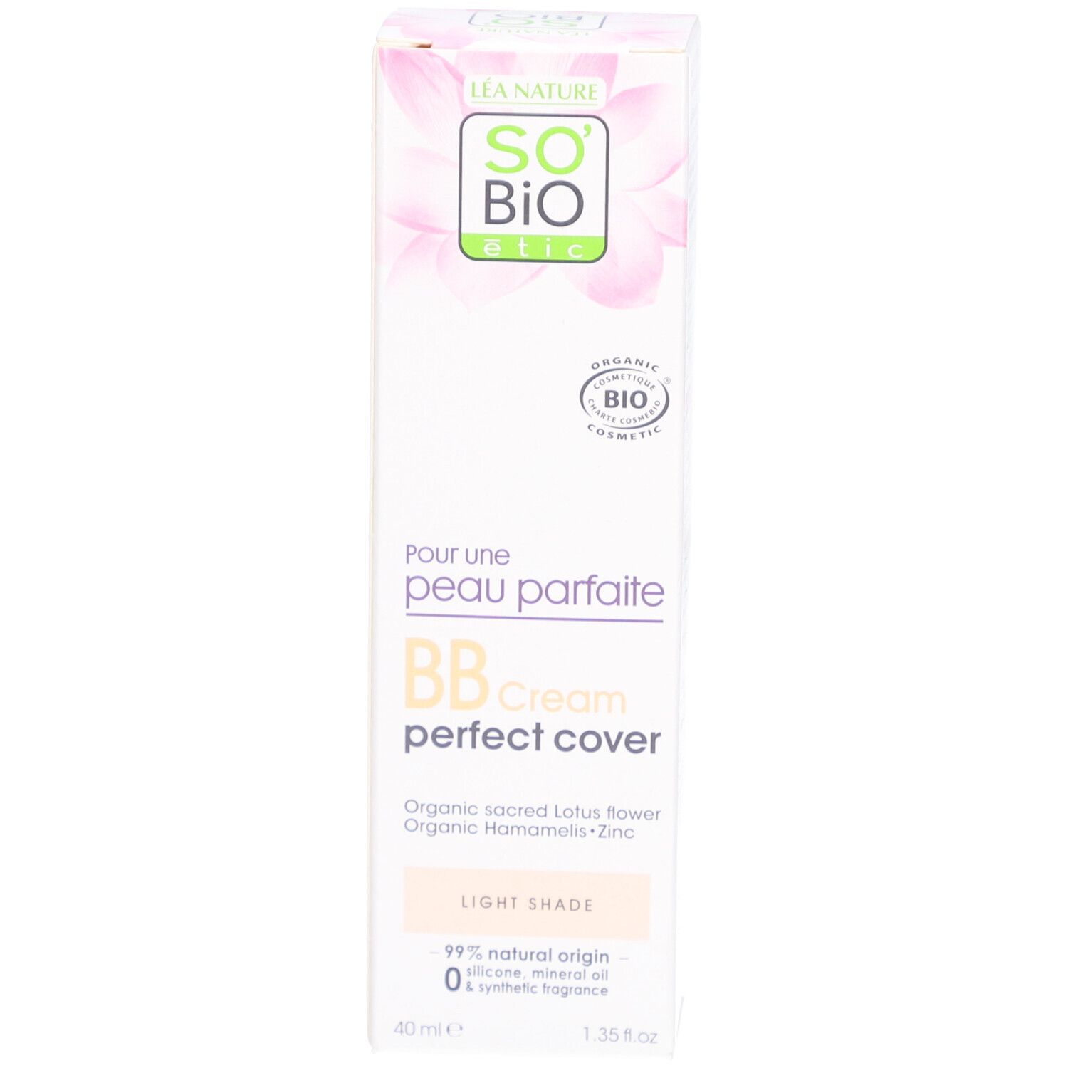 Productverpakking. SO BIO ETIC BB Crème perfectrice Claire. Bio-label. Tekst.