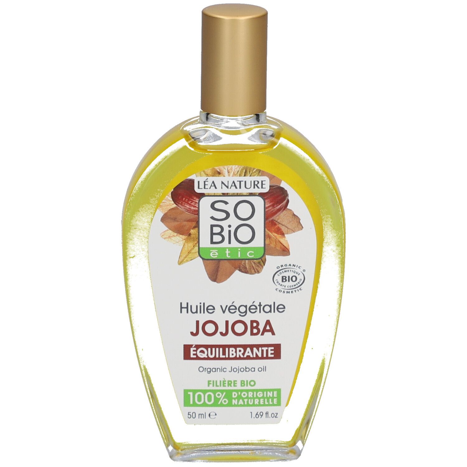 Transparante fles SO BIO ETIC Jojoba-olie. Gouden dop. Etiket met productinfo en logo.