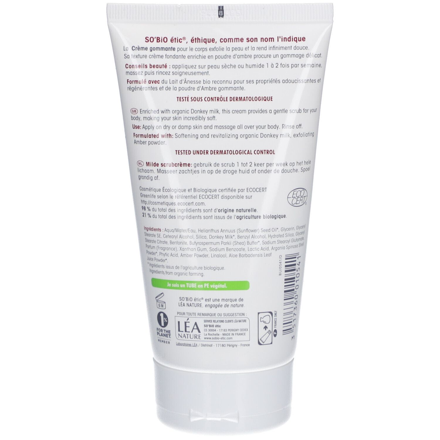 Dos du tube SO BIO ETIC Crème Gommage Douceur Corps. Texte, ingrédients et logos.