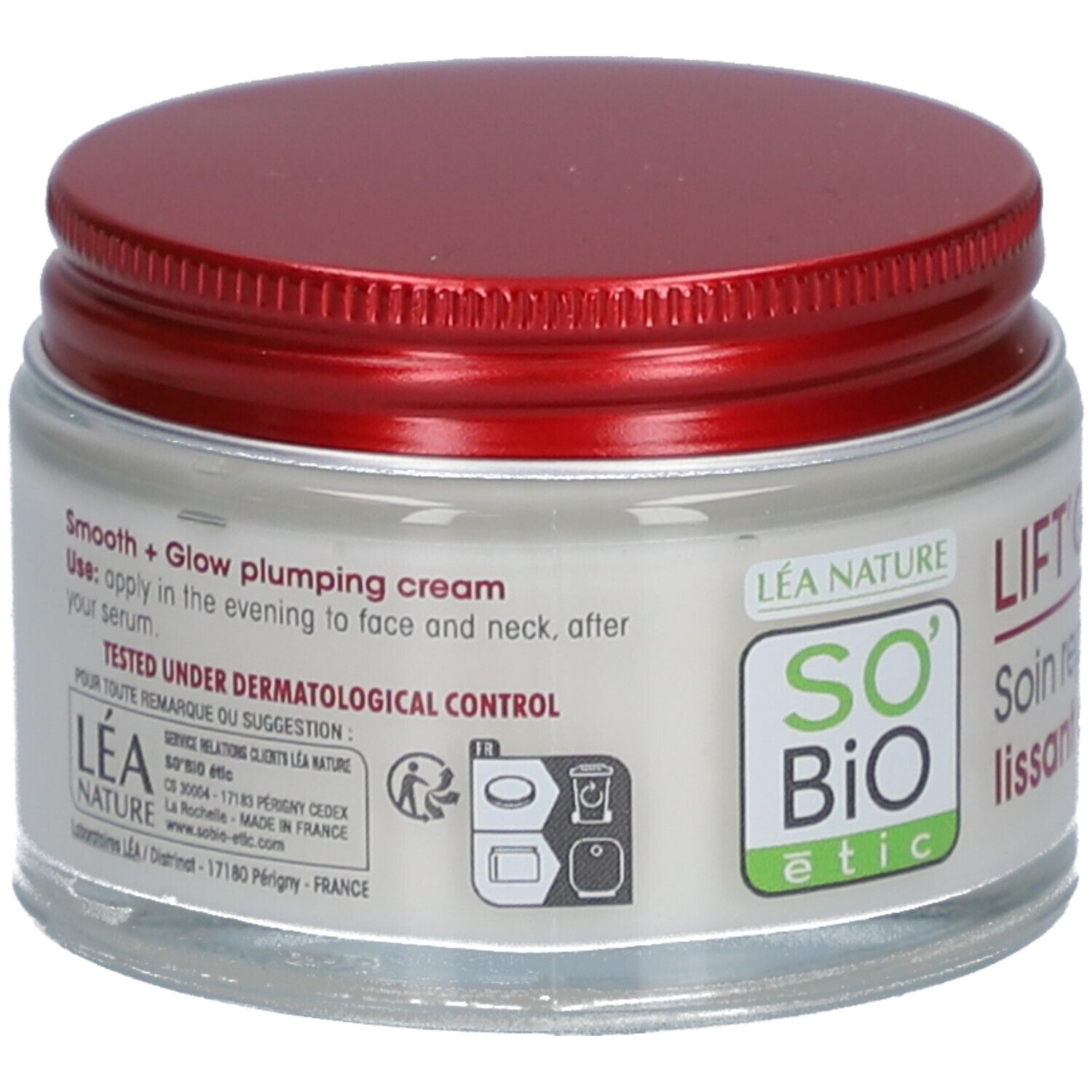 Crèmepot met rode deksel. Opschrift: SO'BiO étic. Tekst: Smooth + Glow plumping cream. Getest onder dermatologische controle.