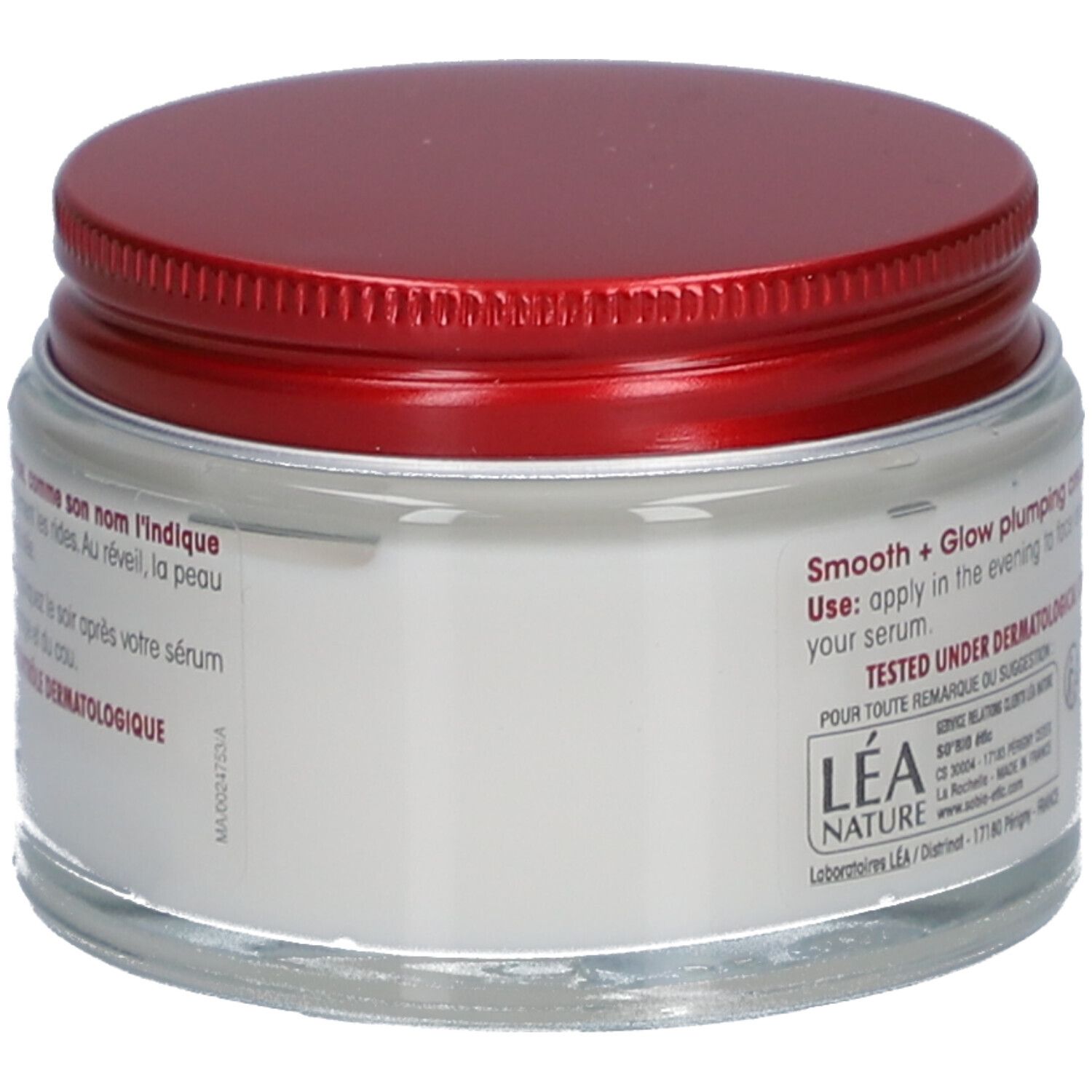 Crèmepot met rode deksel. Opschrift: SO'BiO étic. Tekst: Smooth + Glow plumping cream. Getest onder dermatologische controle.