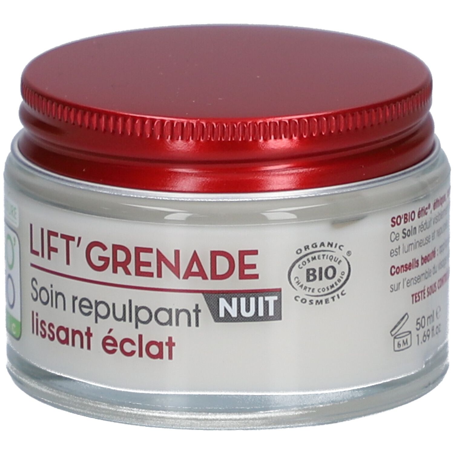 Crèmepot met rode deksel. Opschrift: LIFT'GRENADE NUIT, Soin repulpant lissant éclat. Bio-certificering.