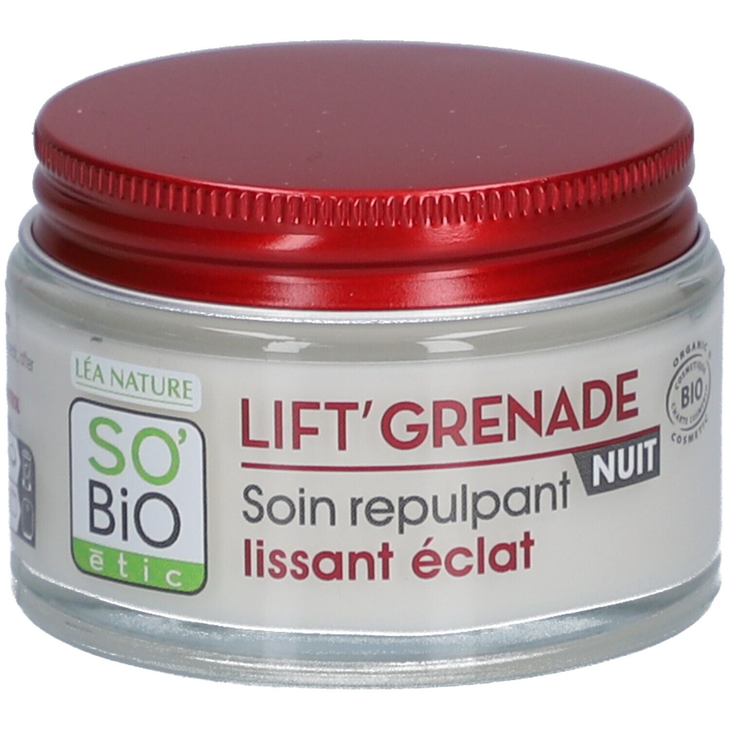 Crèmepot met rode deksel. Opschrift: LIFT'GRENADE NUIT, Soin repulpant lissant éclat. SO'BiO étic logo.