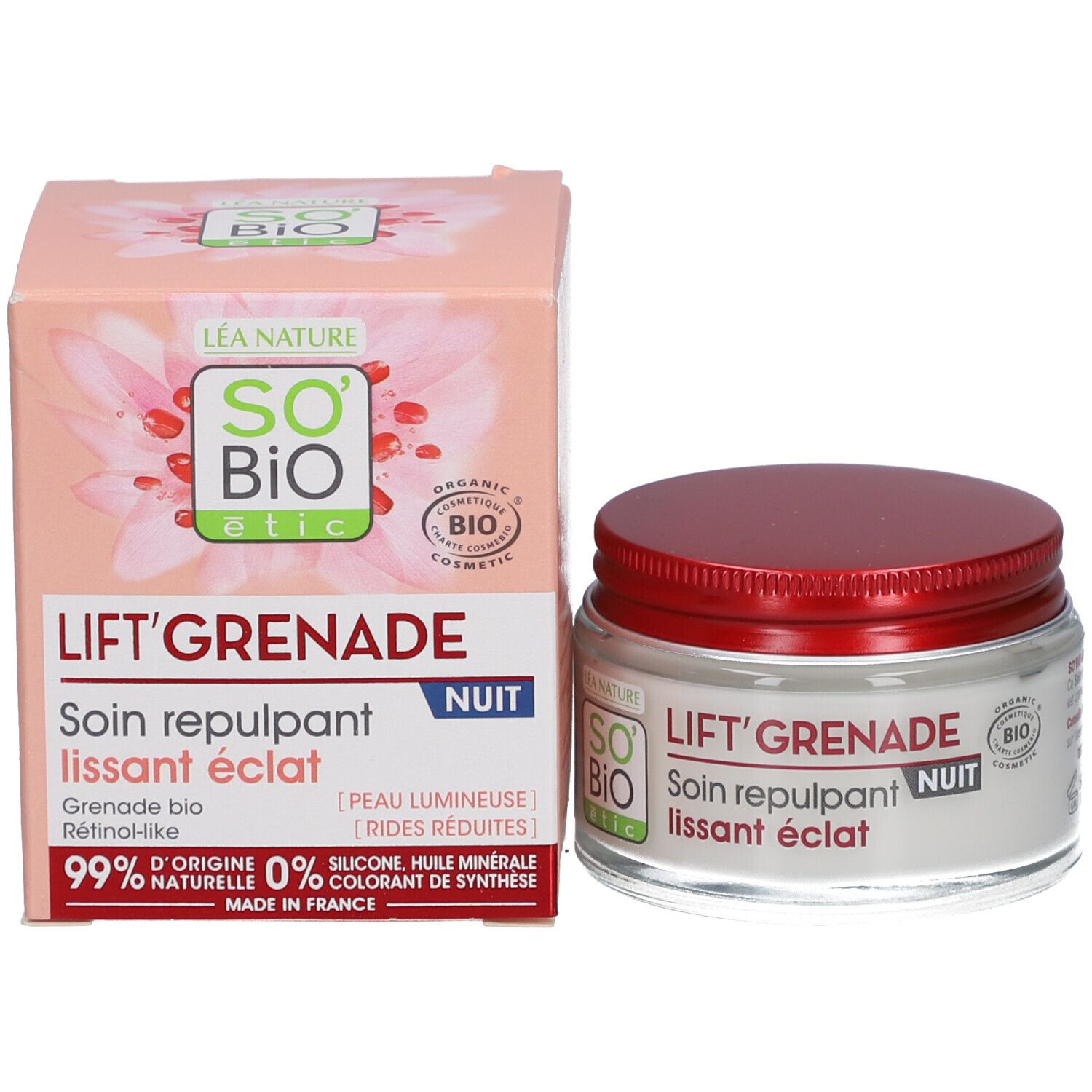 Crèmepot en doos. Opschrift: LIFT'GRENADE NUIT, Soin repulpant lissant éclat. SO'BiO étic logo. Bio-certificering.