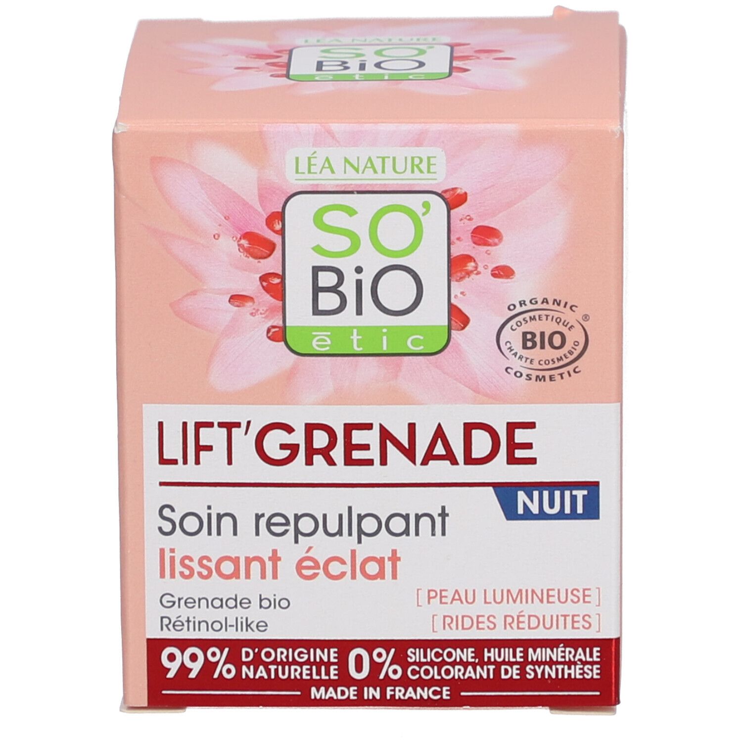 Doos met opschrift: LIFT'GRENADE NUIT, Soin repulpant lissant éclat. SO'BiO étic logo. Bio-certificering.