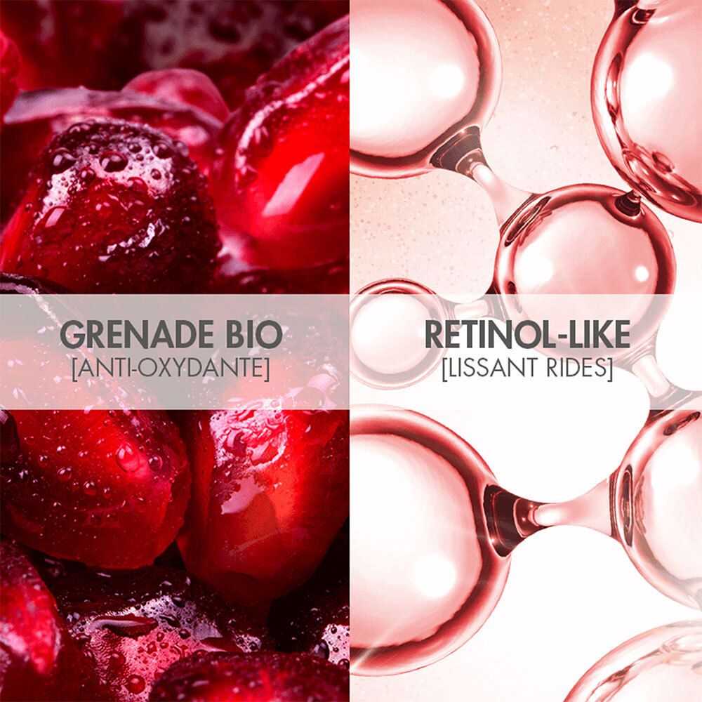 Twee helften van een afbeelding: granaatappel en moleculen. Tekst: Grenade BIO, Retinol-like.