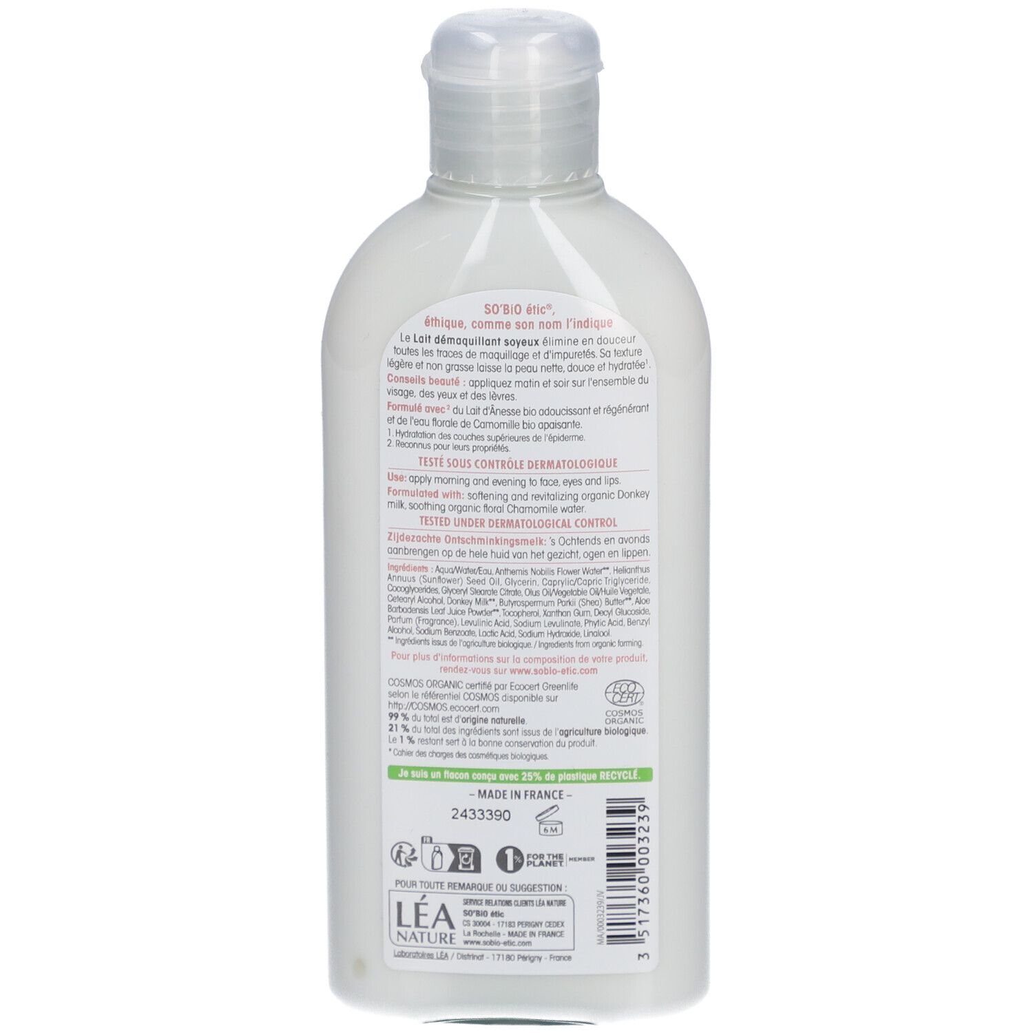 Dos du flacon de lait démaquillant SO BIO ETIC. Texte, ingrédients, label bio et informations fabricant.
