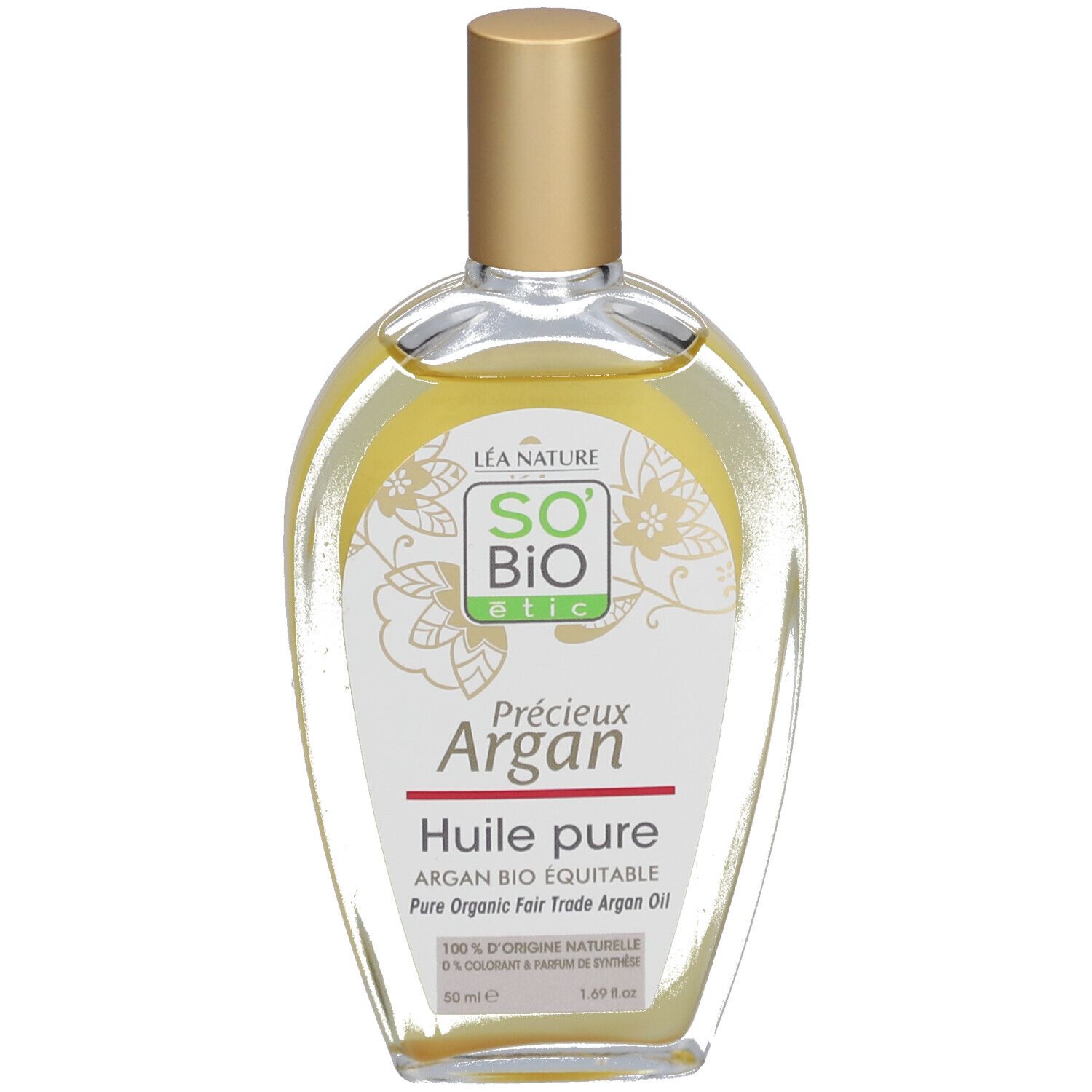 SO BIO ETIC Arganolie fles. Gouden dop, wit etiket met logo en tekst. Transparante glazen fles.