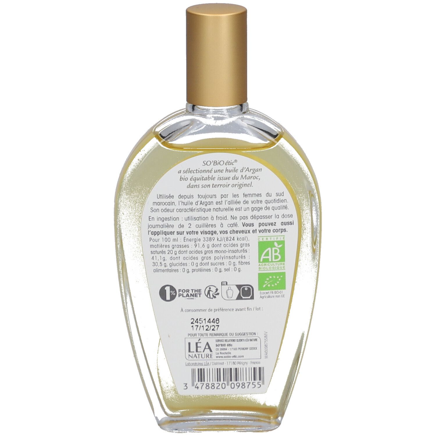 Achterkant van de SO BIO ETIC Arganolie fles. Tekst, logo, biologisch keurmerk en barcode. Transparante glazen fles.