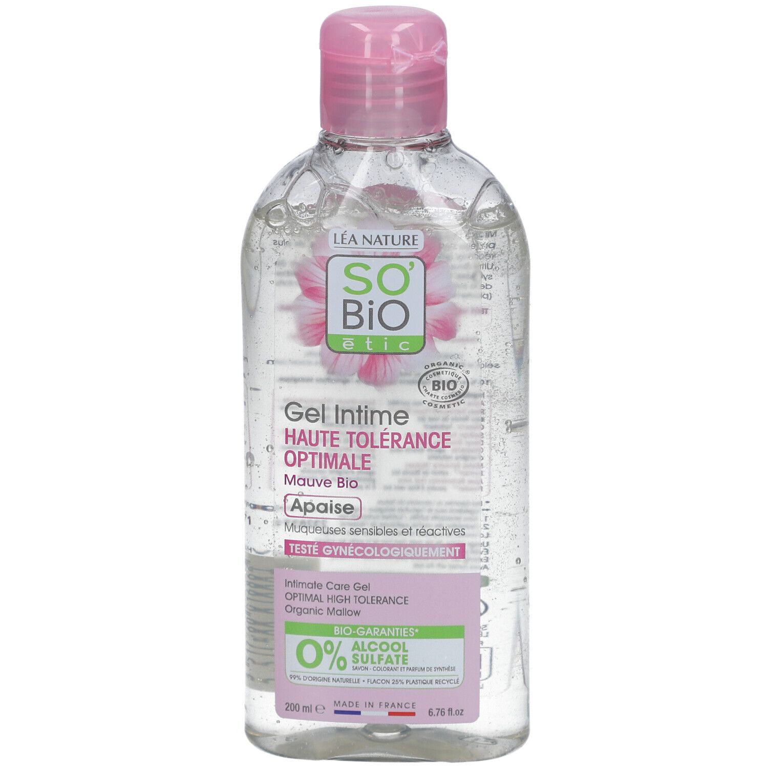 Flacon transparent, bouchon rose. Étiquette avec texte et logo. Certification bio.