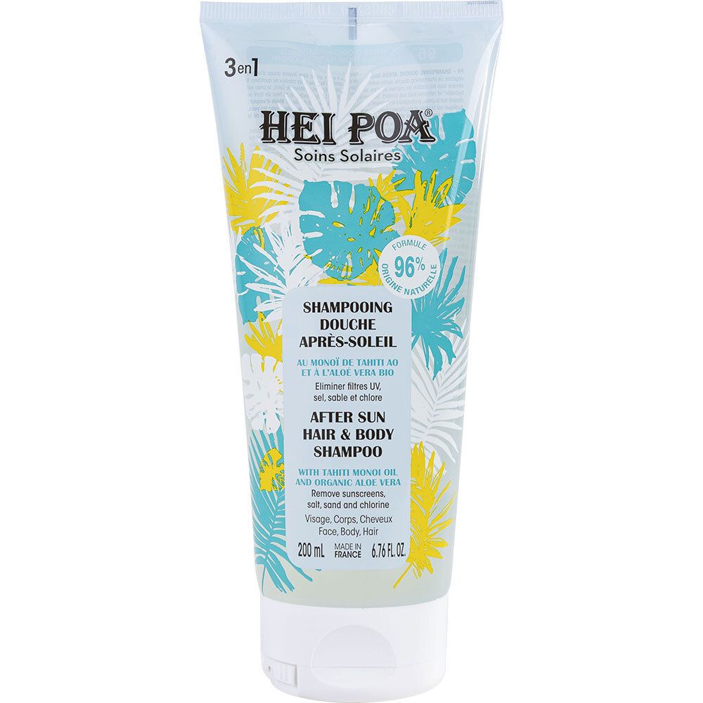 Tube blanc transparent avec impression. Texte: HEI POA, Shampoing Douche Après Soleil, After Sun Hair & Body Shampoo. Formule naturelle à 96%.
