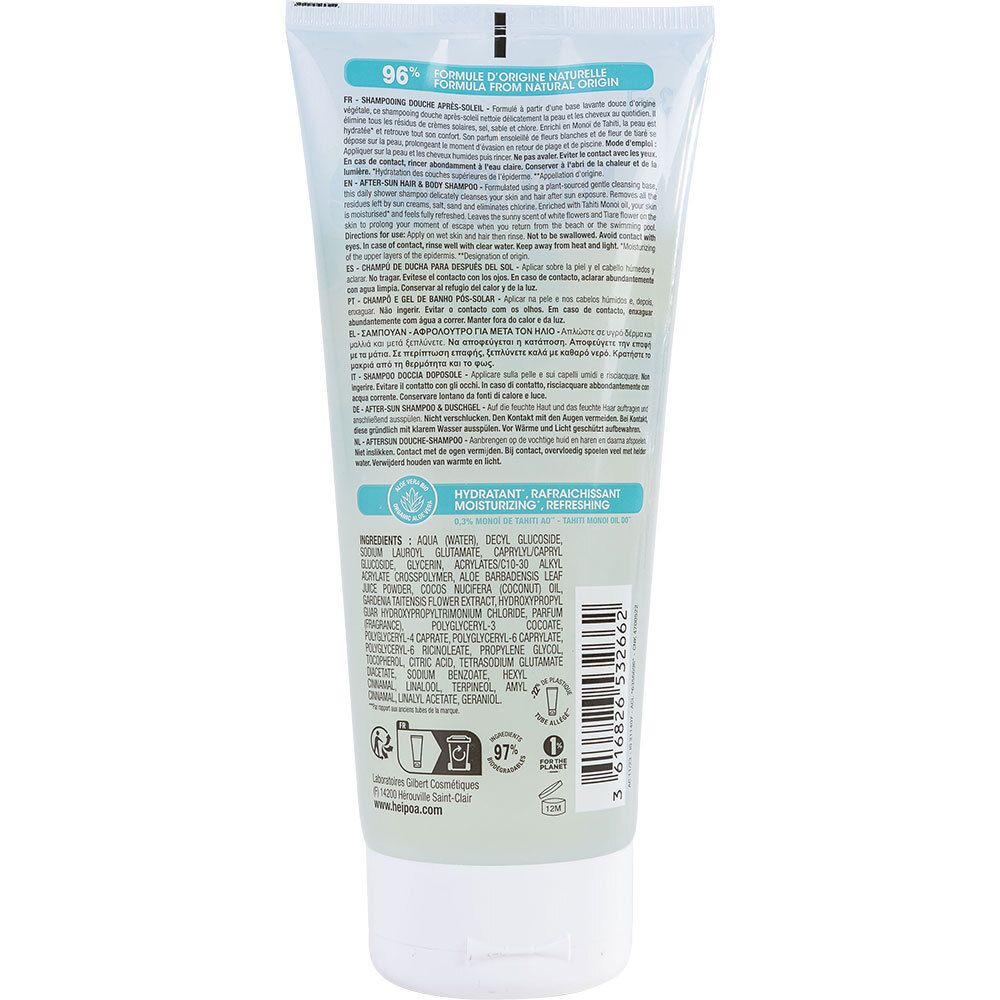 Dos d'un tube blanc transparent. Texte: Ingrédients, formule naturelle à 96%, logo de recyclage. Nom du produit non visible.
