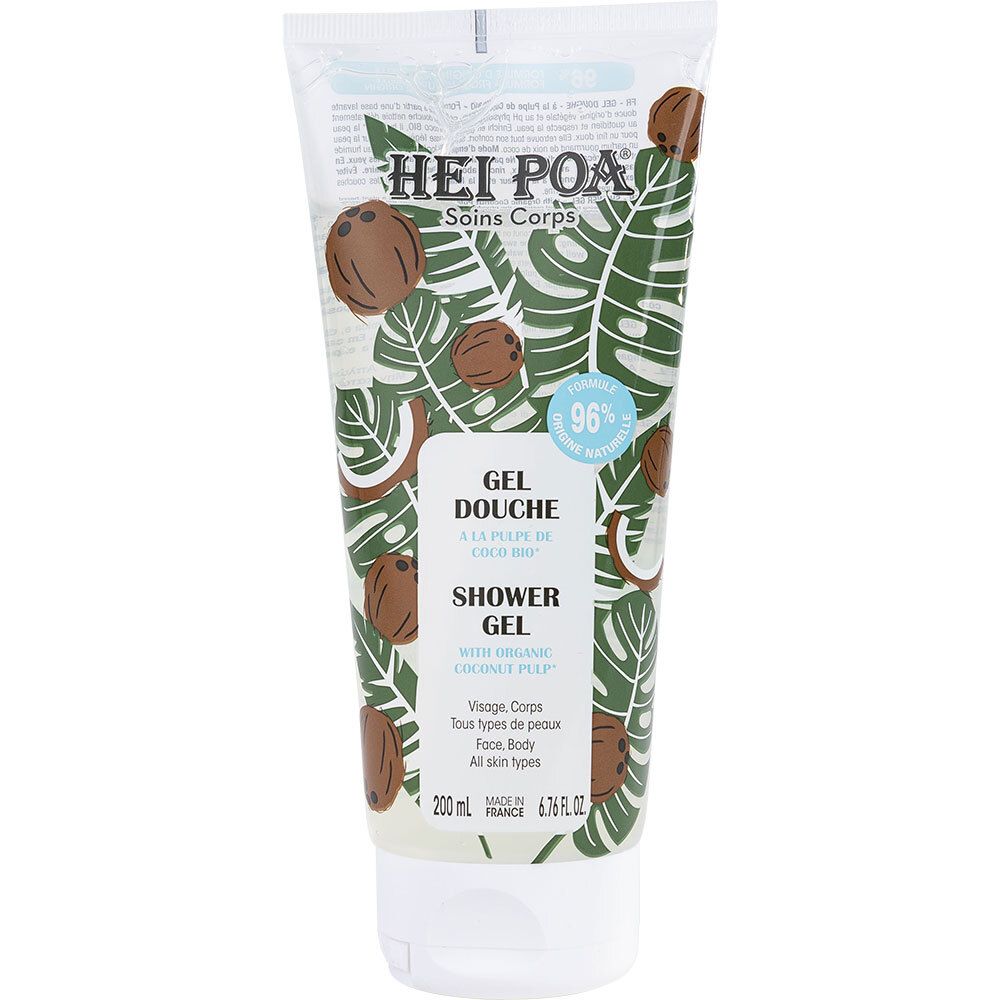 Transparante tube met kokos- en bladerenpatroon. Tekst: HEI POA, Gel Douche, 200 ml, 96% natuurlijk.