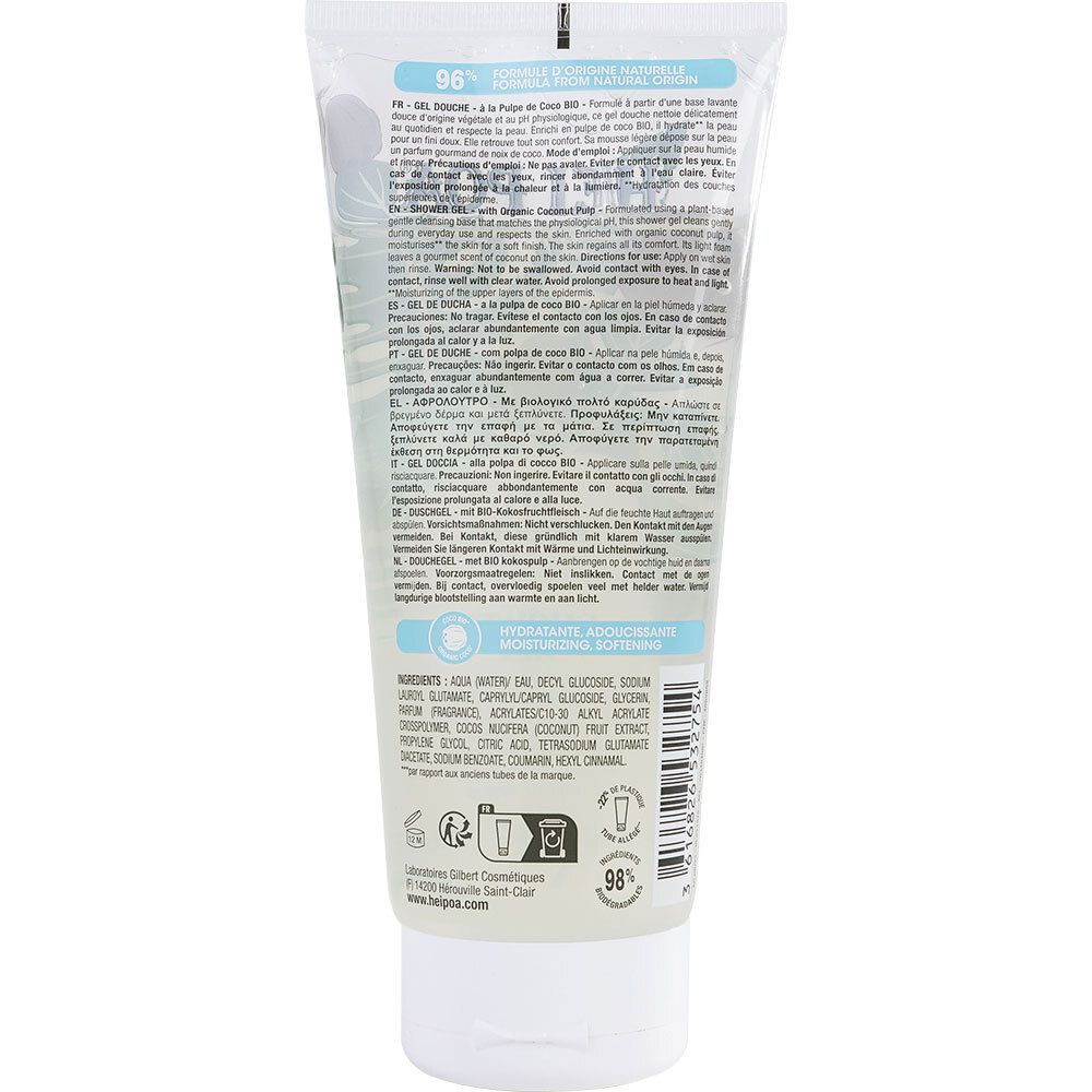 Achterkant van een transparante tube. Tekst: Ingrediënten, 96% ingrediënten van natuurlijke oorsprong, fabrikantinfo.