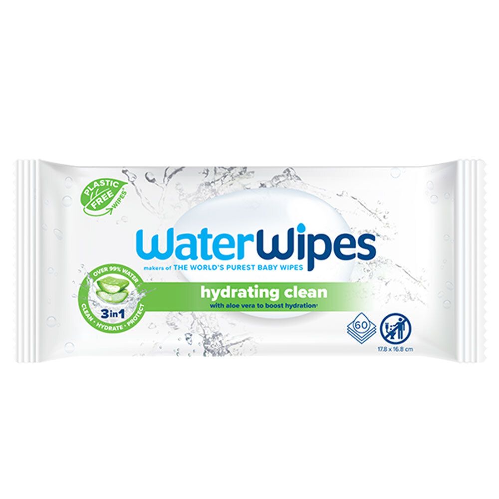 Paquet de lingettes WaterWipes hydratantes. 60 lingettes. Dimensions : 17,2 x 16,8 cm. Ingrédients : aloe vera.