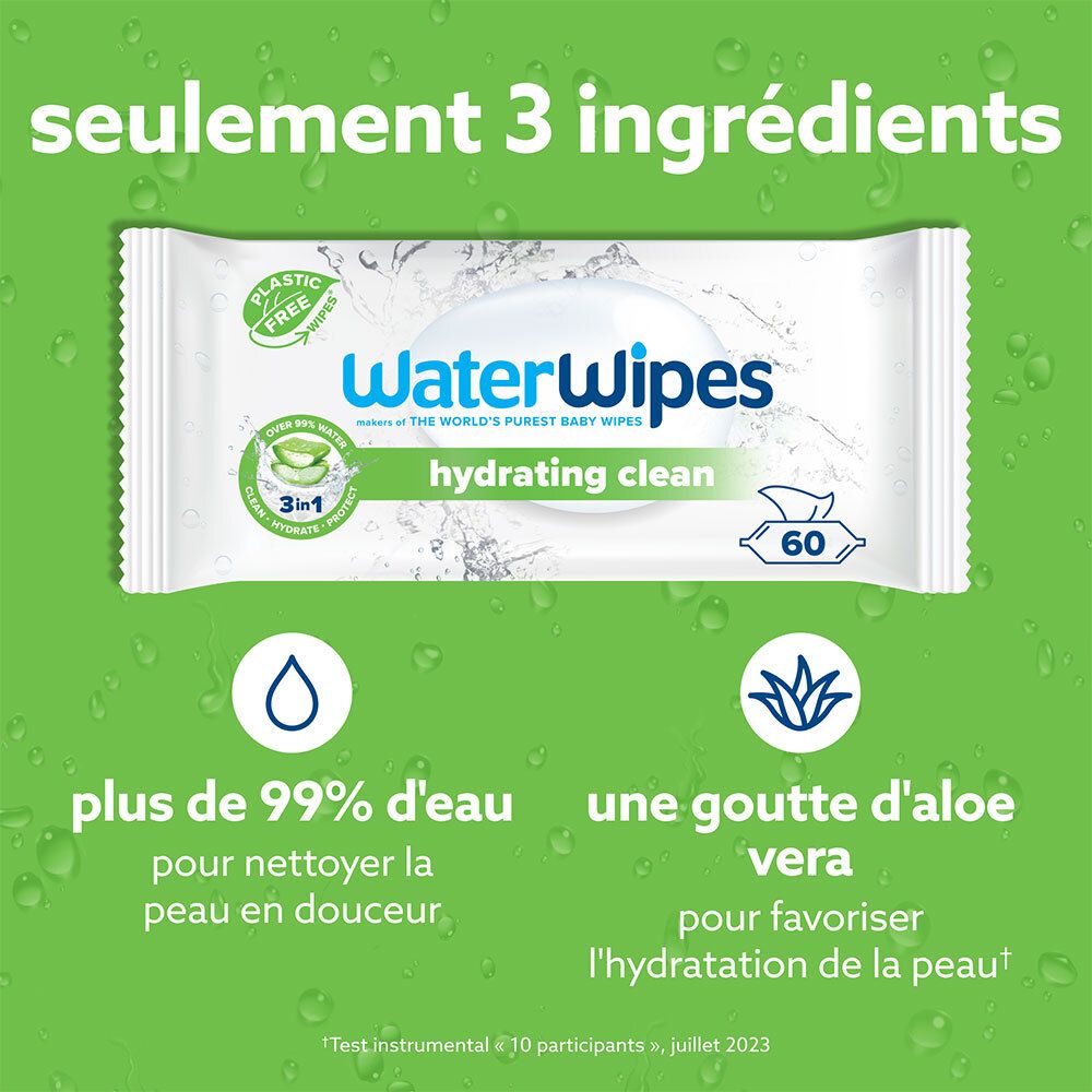 Paquet de lingettes WaterWipes. Plus de 99% d'eau, aloe vera. Graphique vert avec texte.