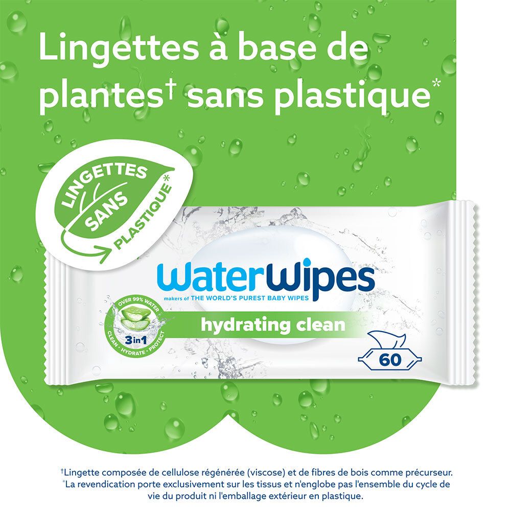 Paquet de lingettes WaterWipes. Lingettes à base de plantes, sans plastique. Fond vert avec texte.