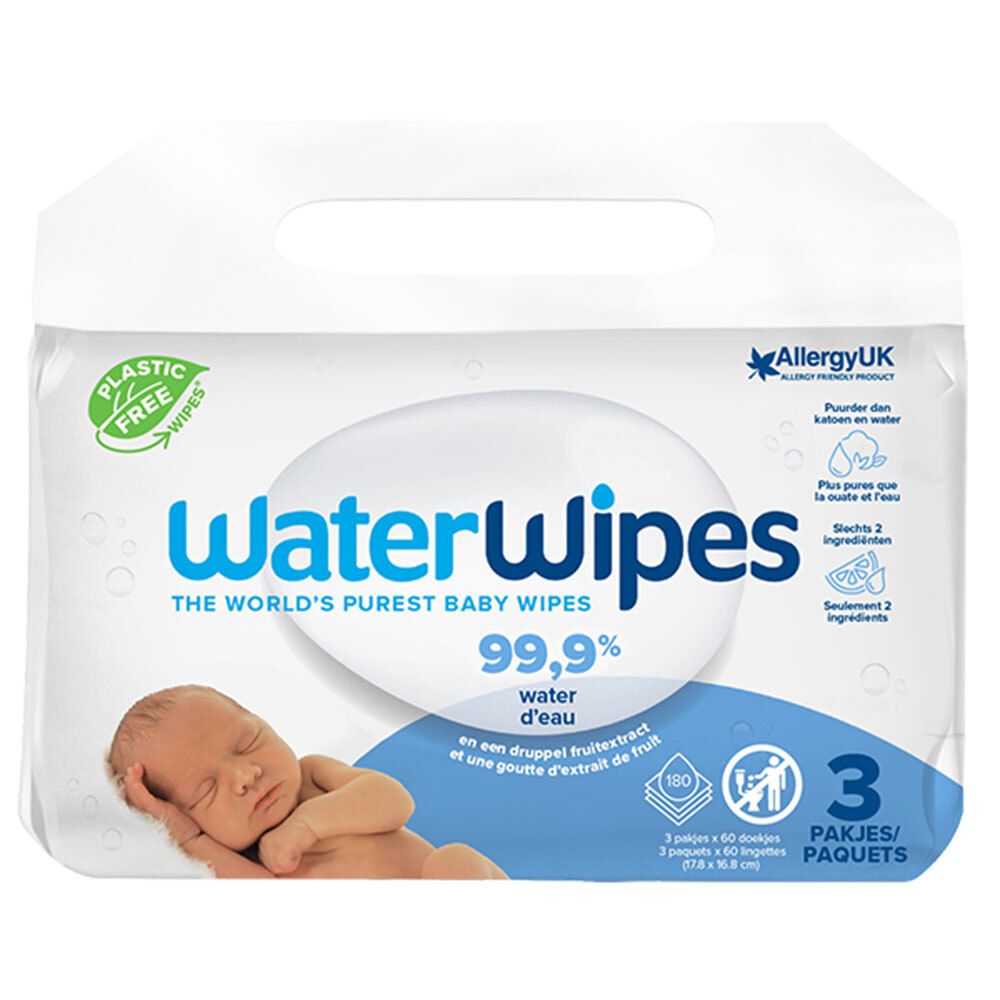 Verpakking WaterWipes doekjes. 3 pakjes. 99,9% water. Allergy UK-certificering. Plasticvrij.