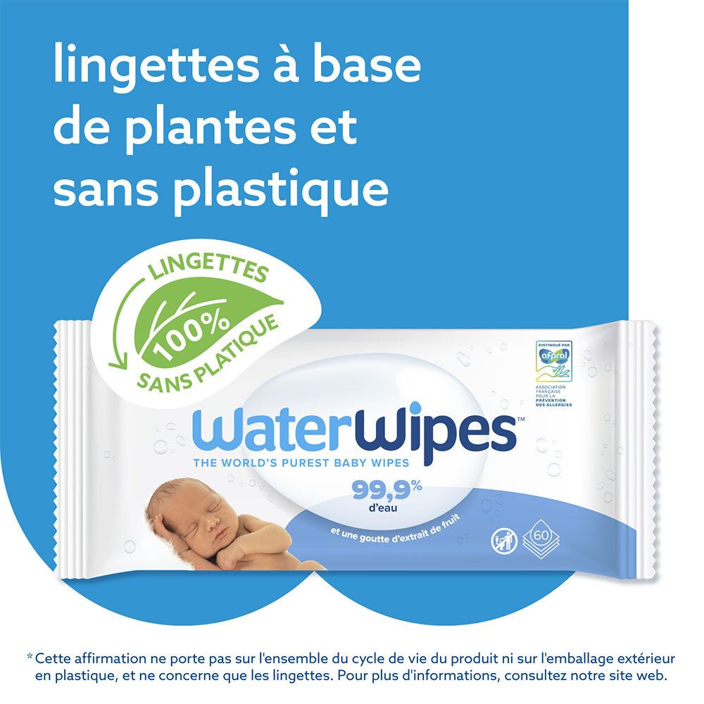 WaterWipes verpakking. 100% plasticvrije, plantaardige doekjes. 99,9% water. 60 doekjes.