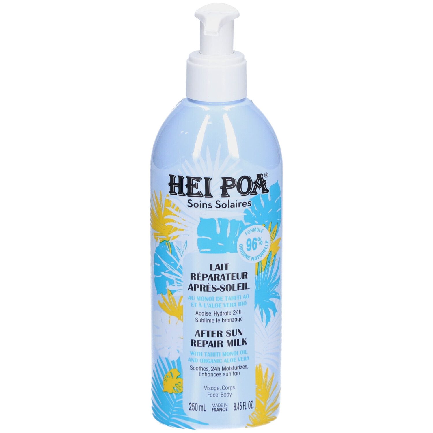 Flacon bleu clair avec pompe. Inscriptions: HEI POA, Soins Solaires, Lait Réparateur Après-Soleil, After Sun Repair Milk. 250 ml.