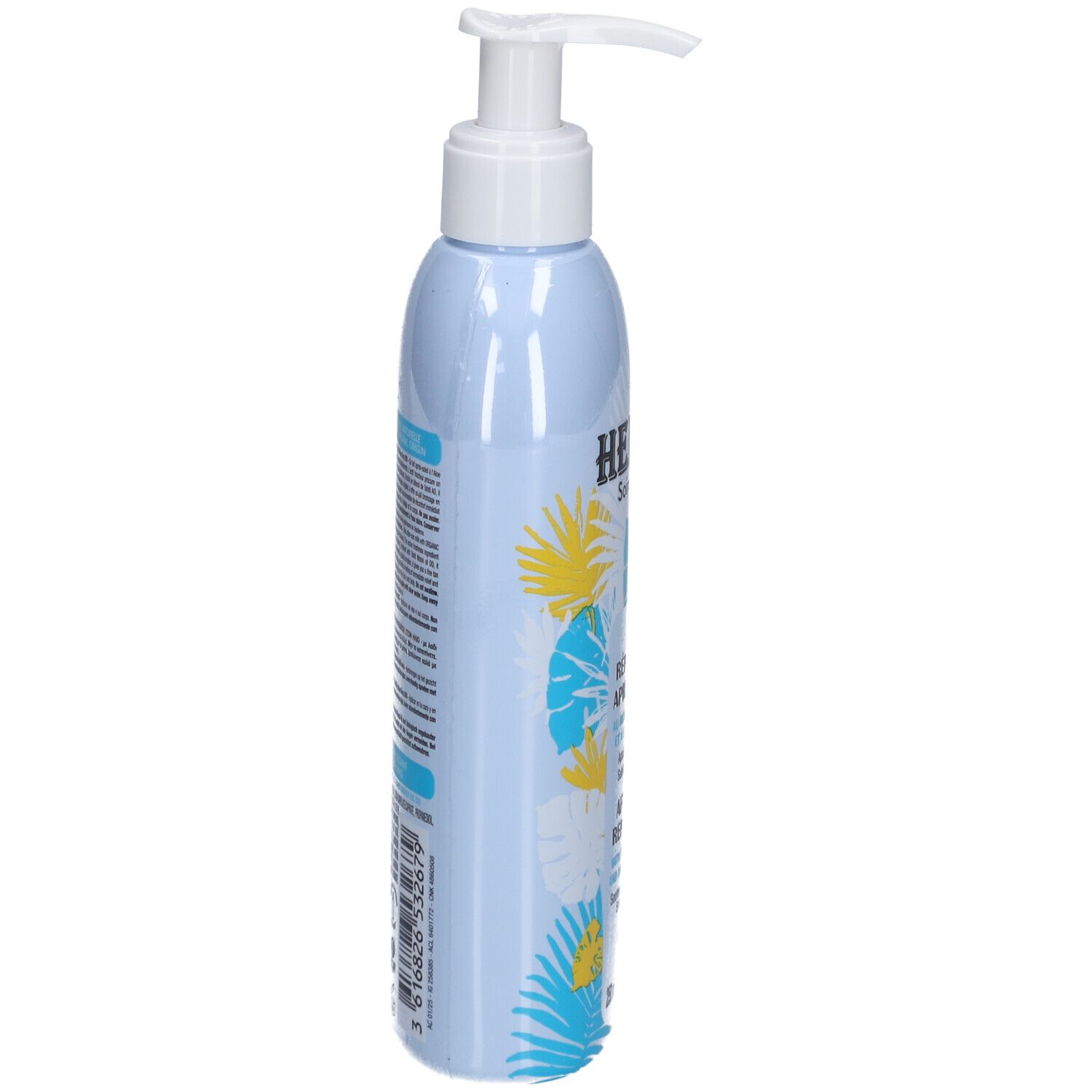 Flacon bleu clair avec pompe. Inscriptions: HEI POA, Soins Solaires. Informations produit et code-barres sur le côté.