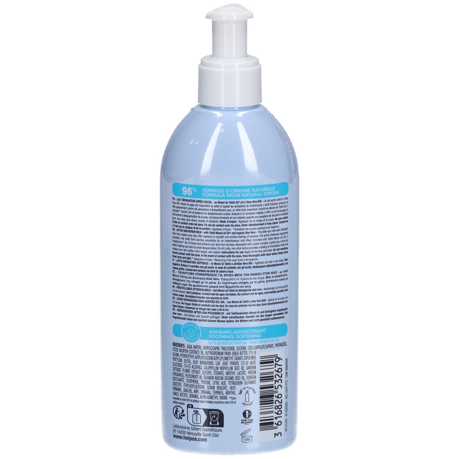 Dos du flacon bleu clair avec pompe. Informations produit, ingrédients et certifications.