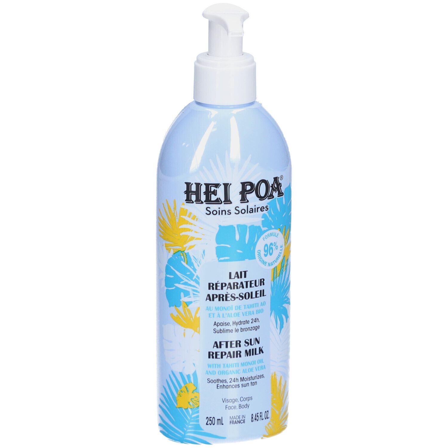Flacon bleu clair avec pompe. Inscriptions: HEI POA, Soins Solaires, Lait Réparateur Après-Soleil, After Sun Repair Milk. 250 ml.