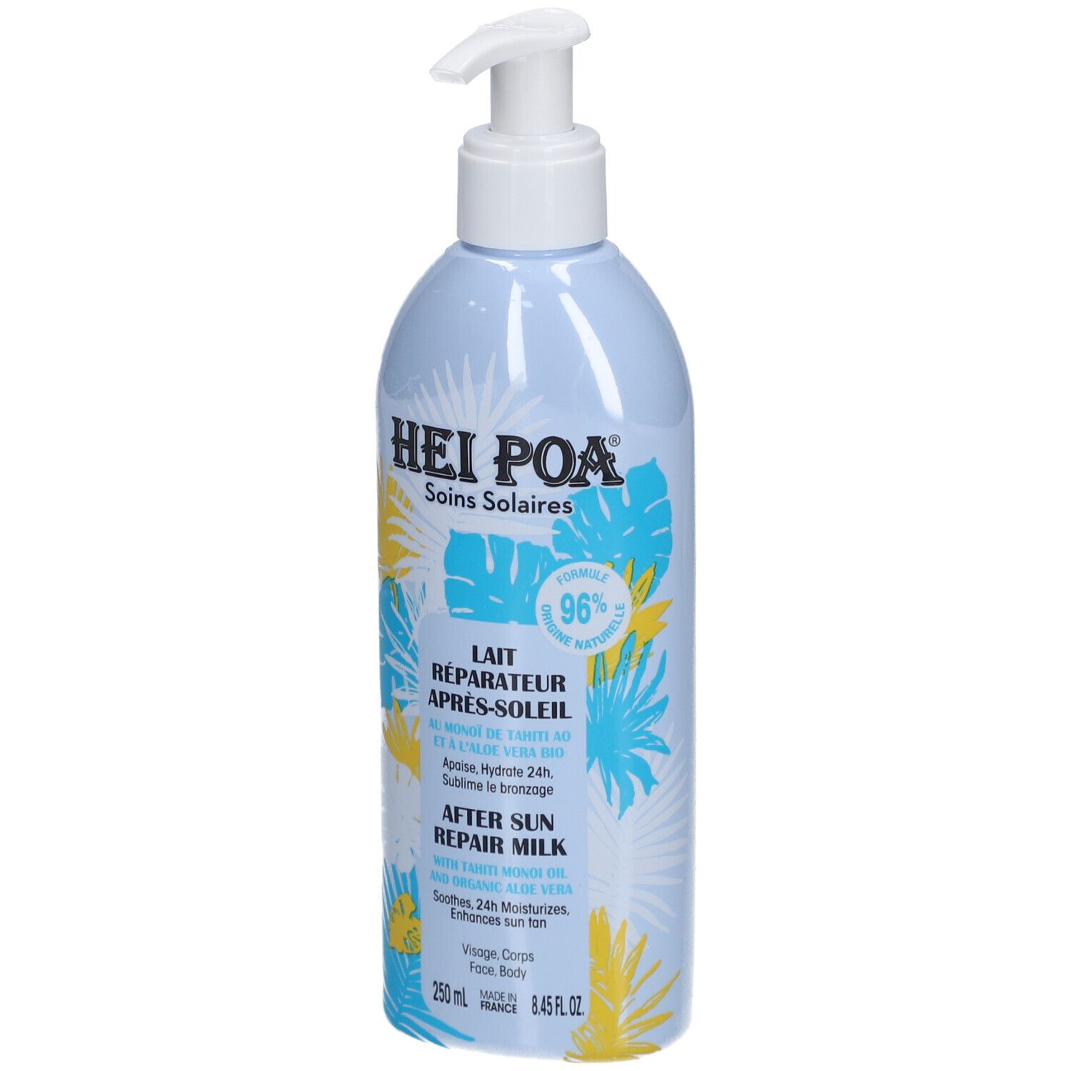 Flacon bleu clair avec pompe. Inscriptions: HEI POA, Soins Solaires, Lait Réparateur Après-Soleil, After Sun Repair Milk. 250 ml.