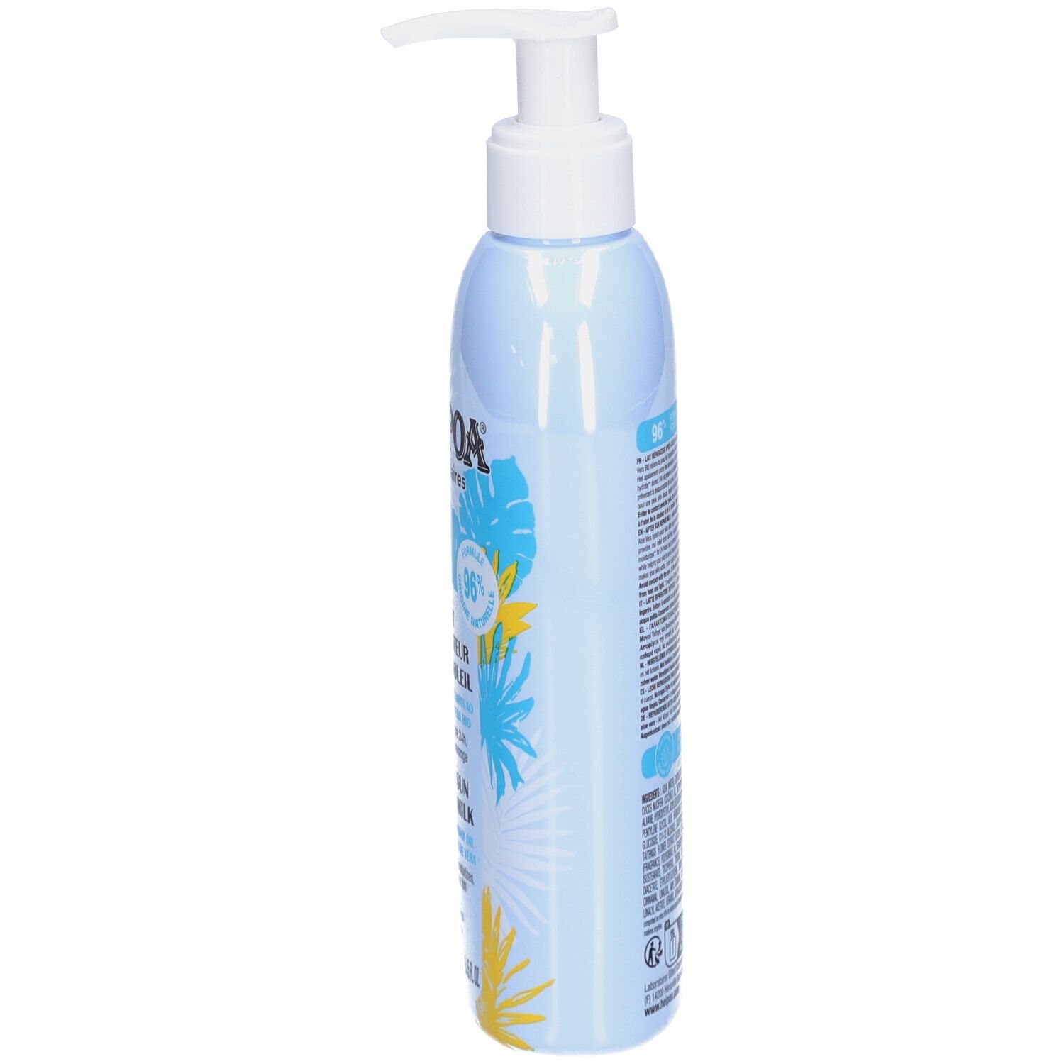 Flacon bleu clair avec pompe. Inscriptions: HEI POA, Soins Solaires. Informations produit et code-barres sur le côté.