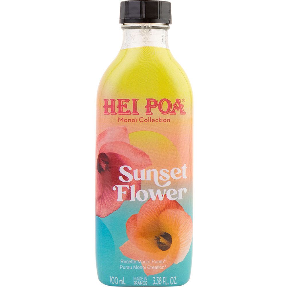 Glazen fles met gekleurd etiket. Opschrift: HEI POA, Sunset Flower. Illustratie van bloemen. Zwarte dop.