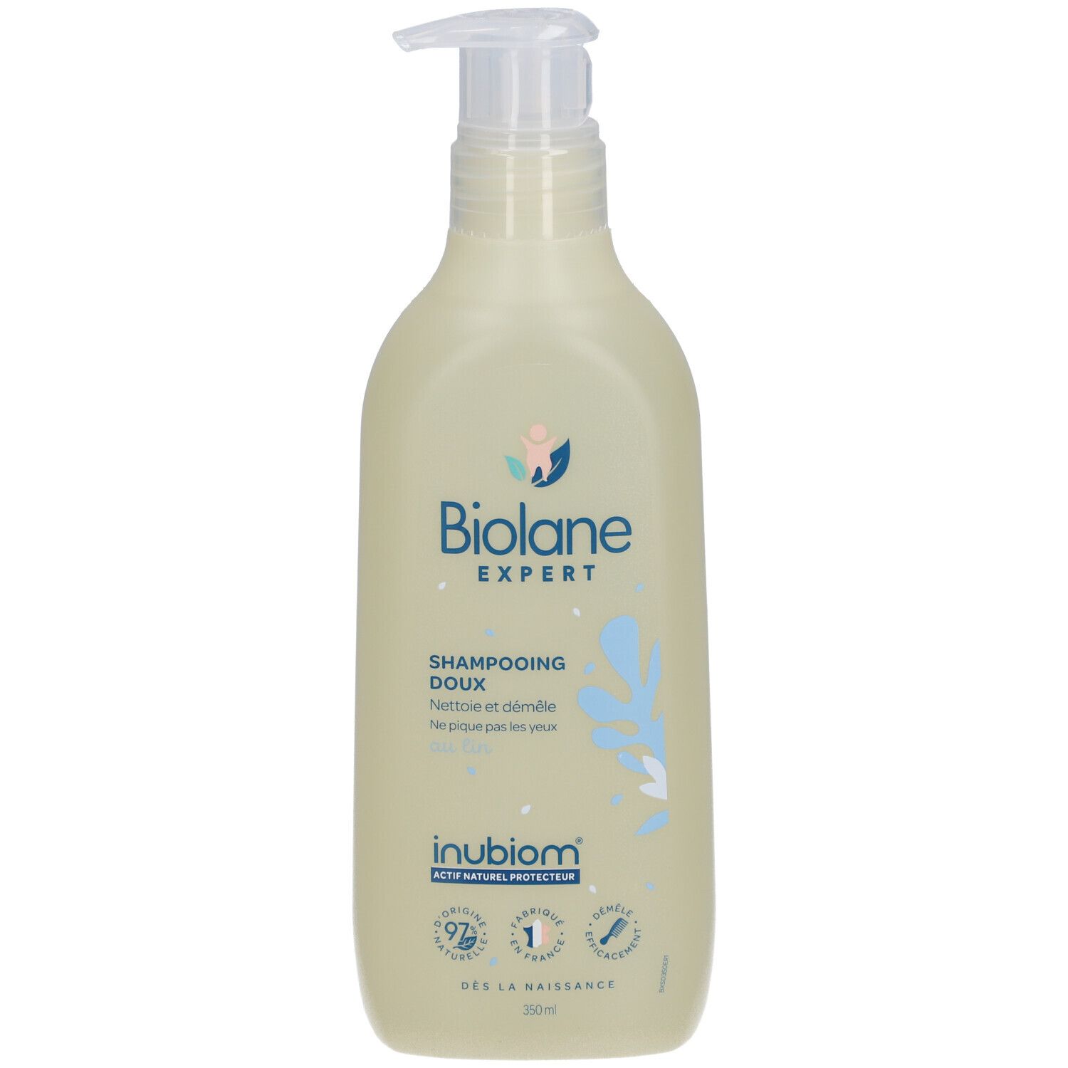 Biolane Expert Shampooing Doux fles met pomp. Tekst: 'Nettoie et démêle'. 